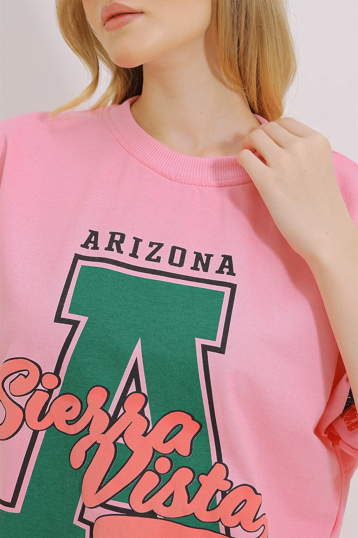 Bisiklet Yaka İki İplik Baskılı Oversize Unisex T-Shirt - Pembe