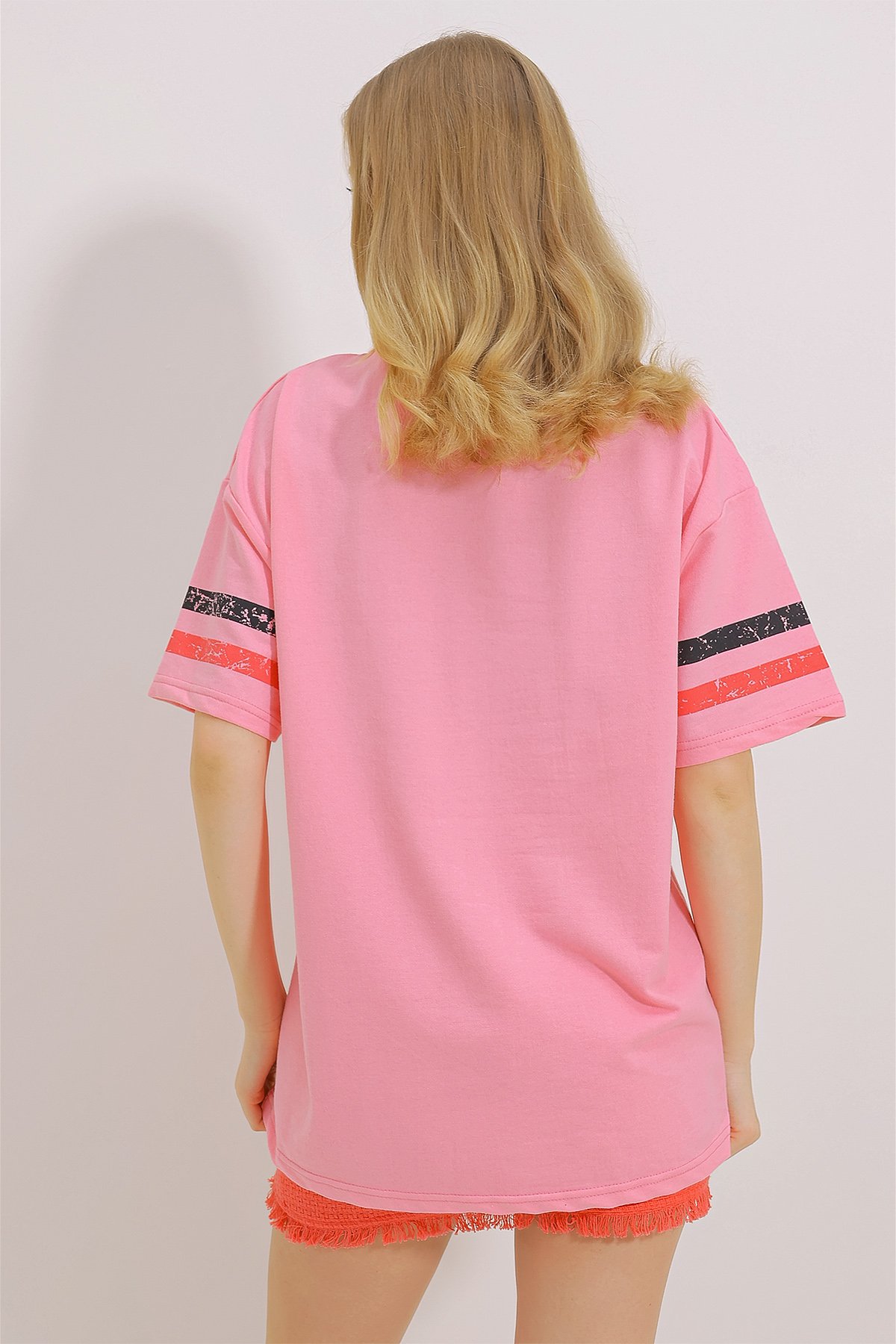 Bisiklet Yaka İki İplik Baskılı Oversize Unisex T-Shirt - Pembe