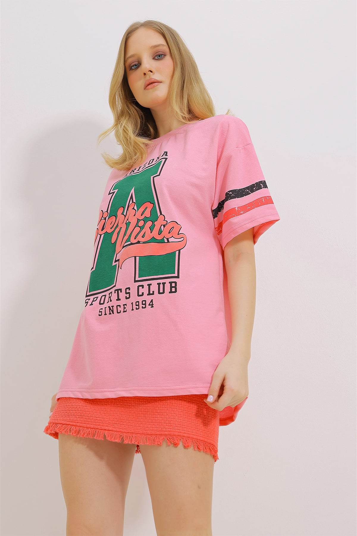 Bisiklet Yaka İki İplik Baskılı Oversize Unisex T-Shirt - Pembe
