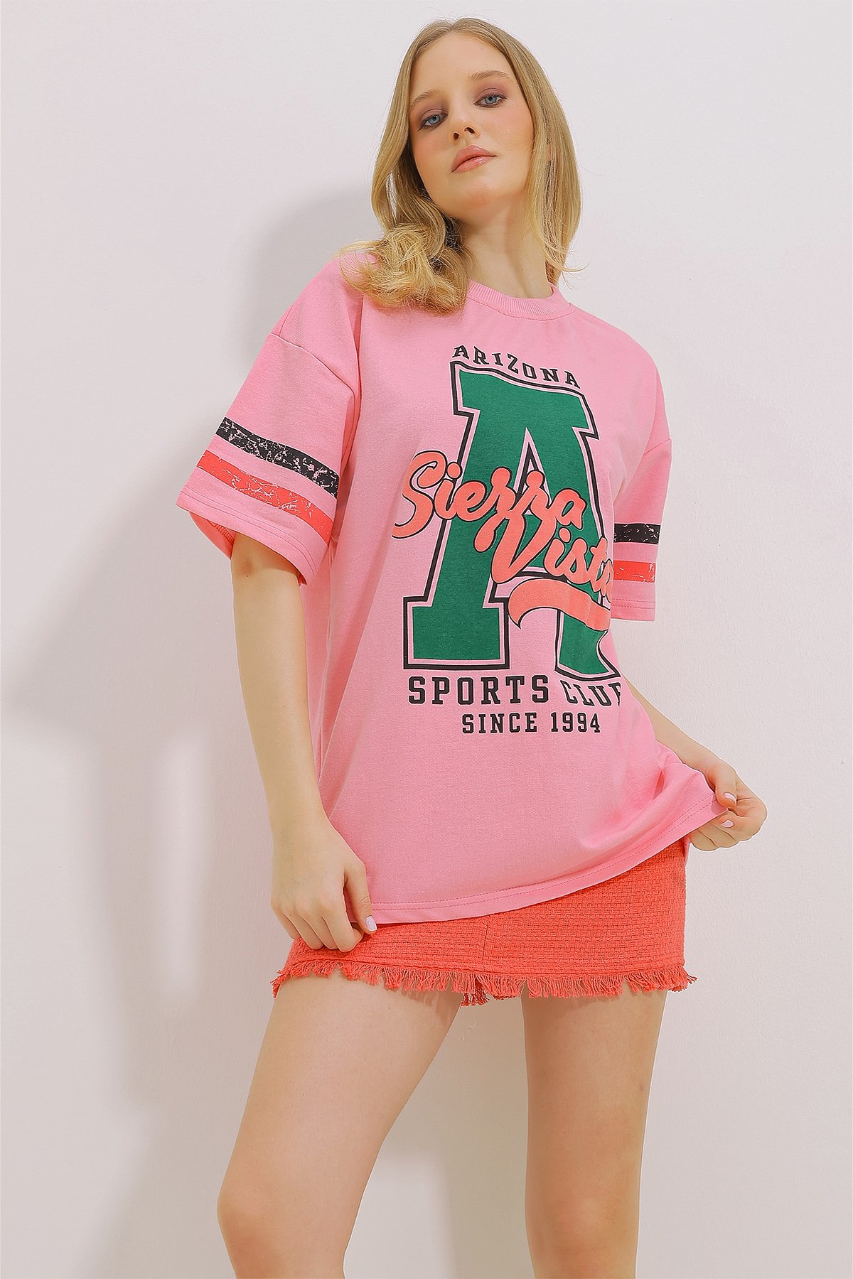 Bisiklet Yaka İki İplik Baskılı Oversize Unisex T-Shirt - Pembe