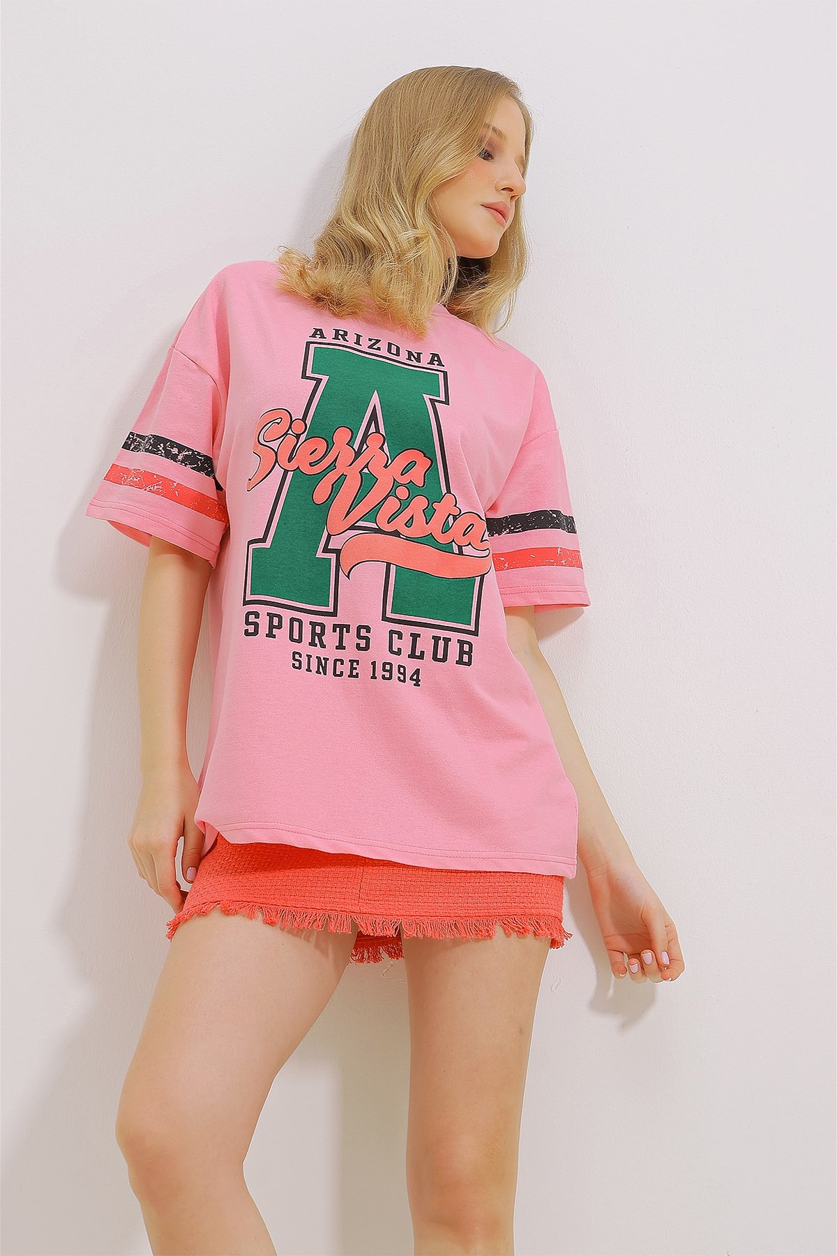 Bisiklet Yaka İki İplik Baskılı Oversize Unisex T-Shirt - Pembe