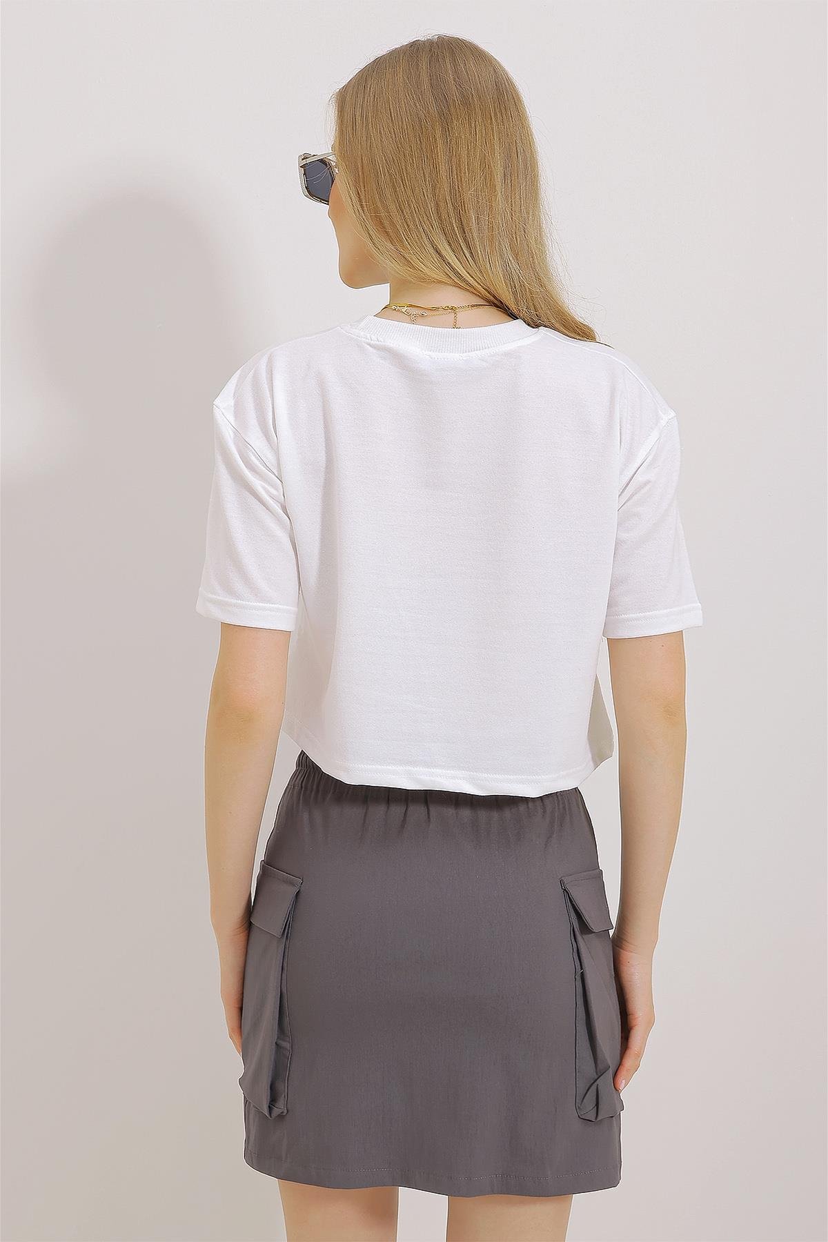 Bisiklet Yaka İki İplik Crop Basic T-Shirt - Beyaz