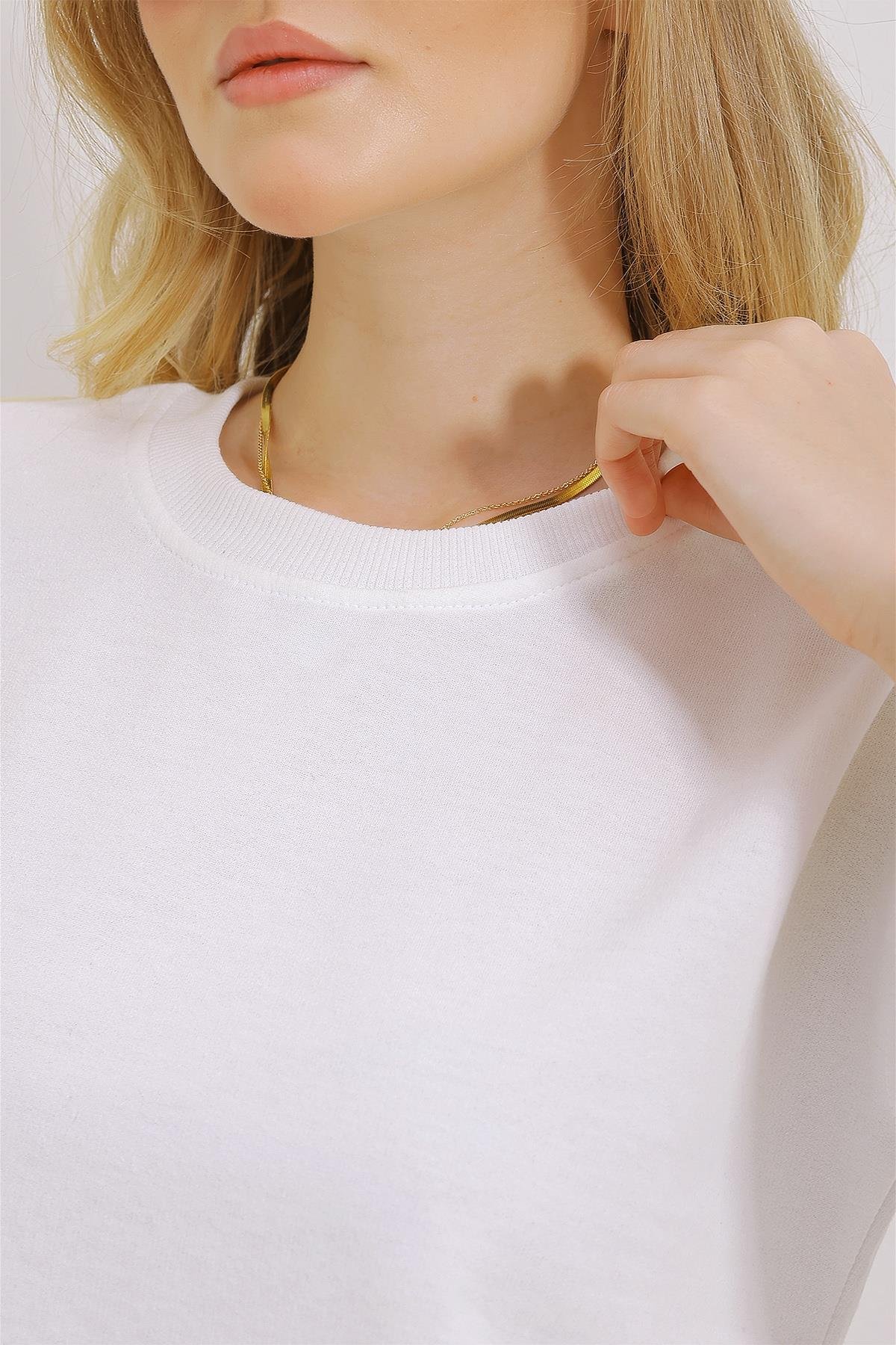 Bisiklet Yaka İki İplik Crop Basic T-Shirt - Beyaz