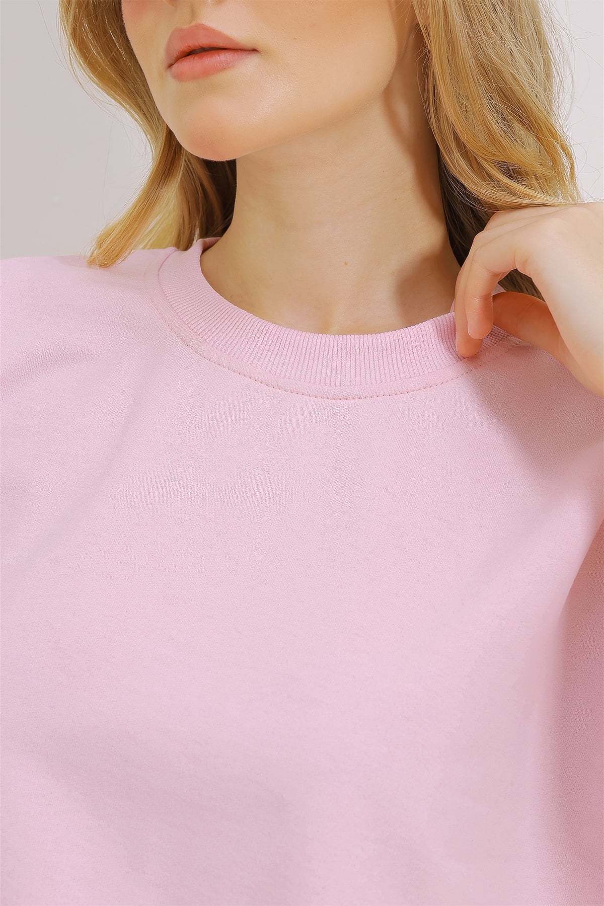 Bisiklet Yaka İki İplik Crop Basic T-Shirt - Pembe