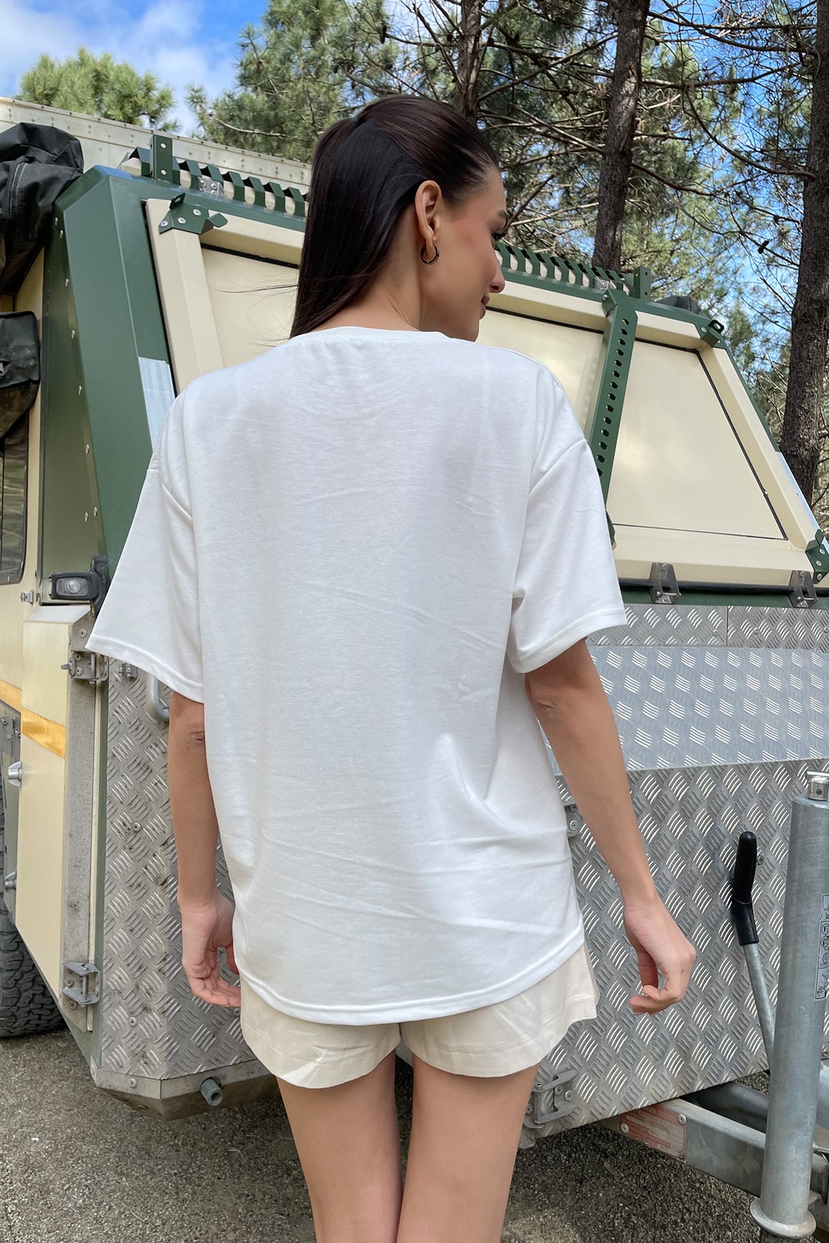 Bisiklet Yaka İki İplik Oversize T-Shirt - Beyaz