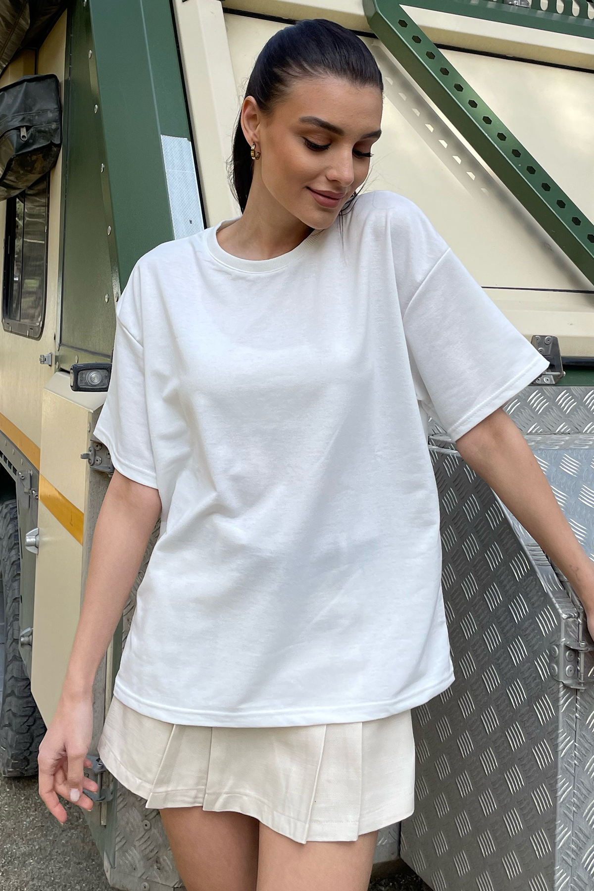 Bisiklet Yaka İki İplik Oversize T-Shirt - Beyaz