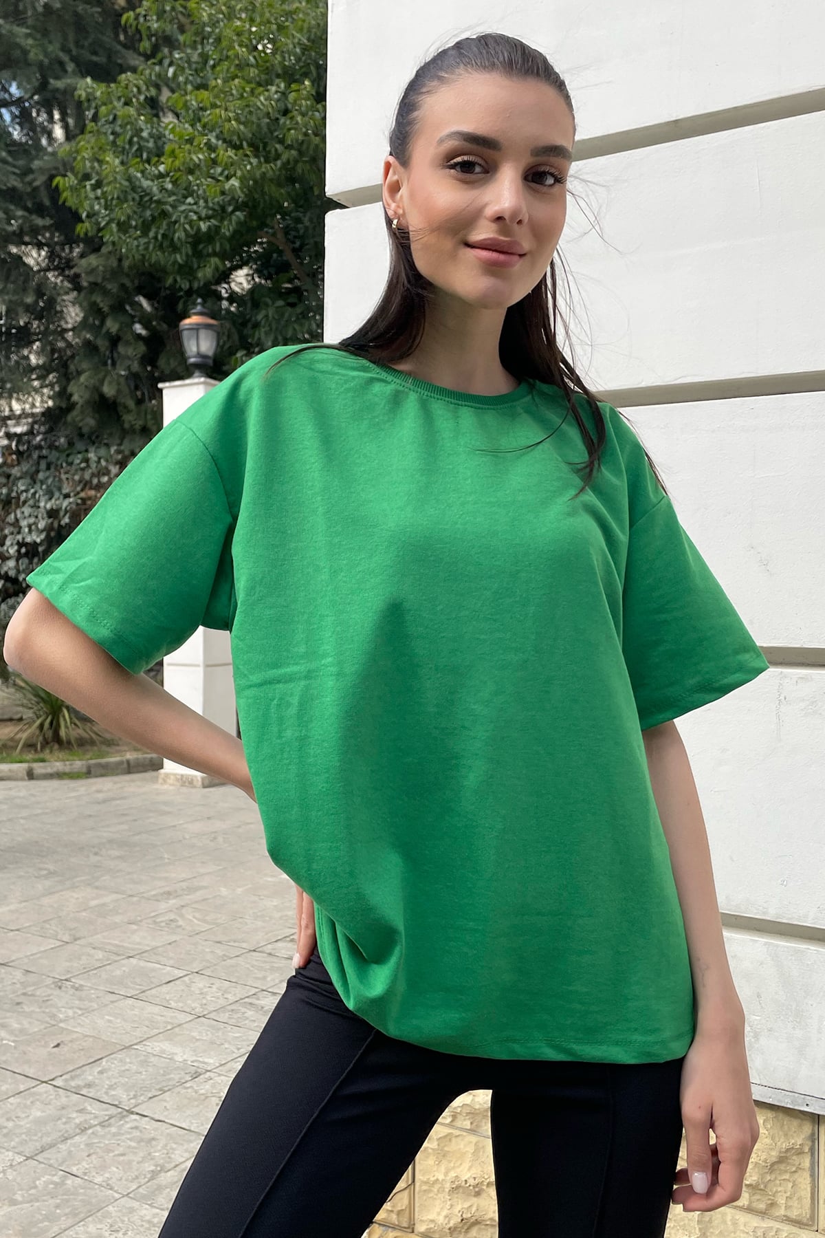 Bisiklet Yaka İki İplik Oversize T-Shirt - Yeşil