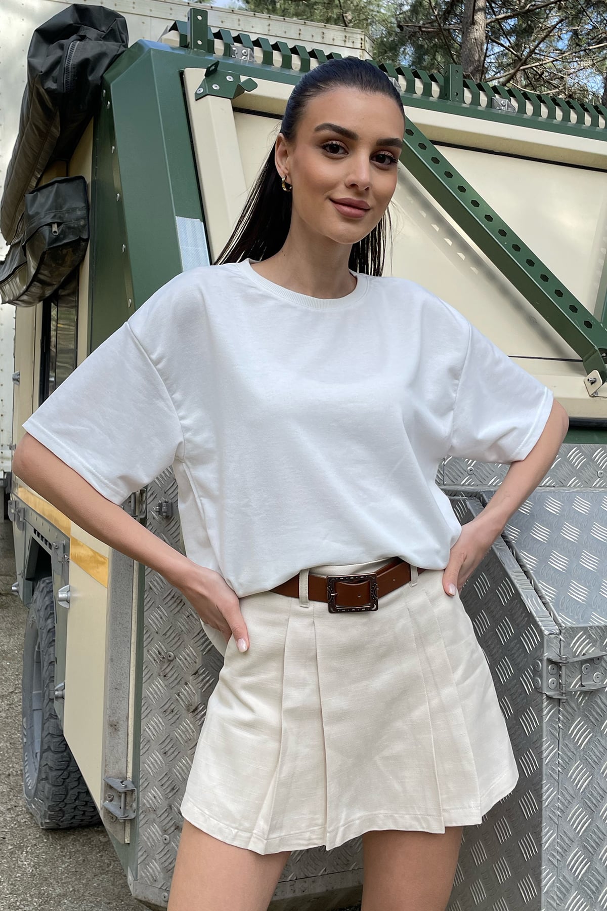 Bisiklet Yaka İki İplik Oversize T-Shirt - Beyaz