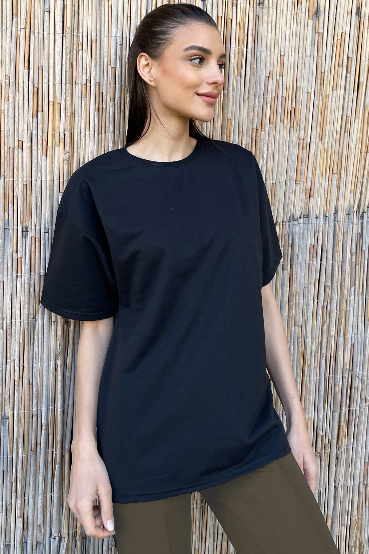 Bisiklet Yaka İki İplik Oversize T-Shirt - Siyah