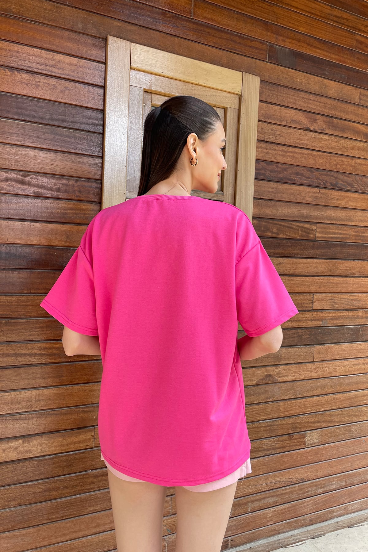 Bisiklet Yaka İki İplik Oversize T-Shirt - Fuşya