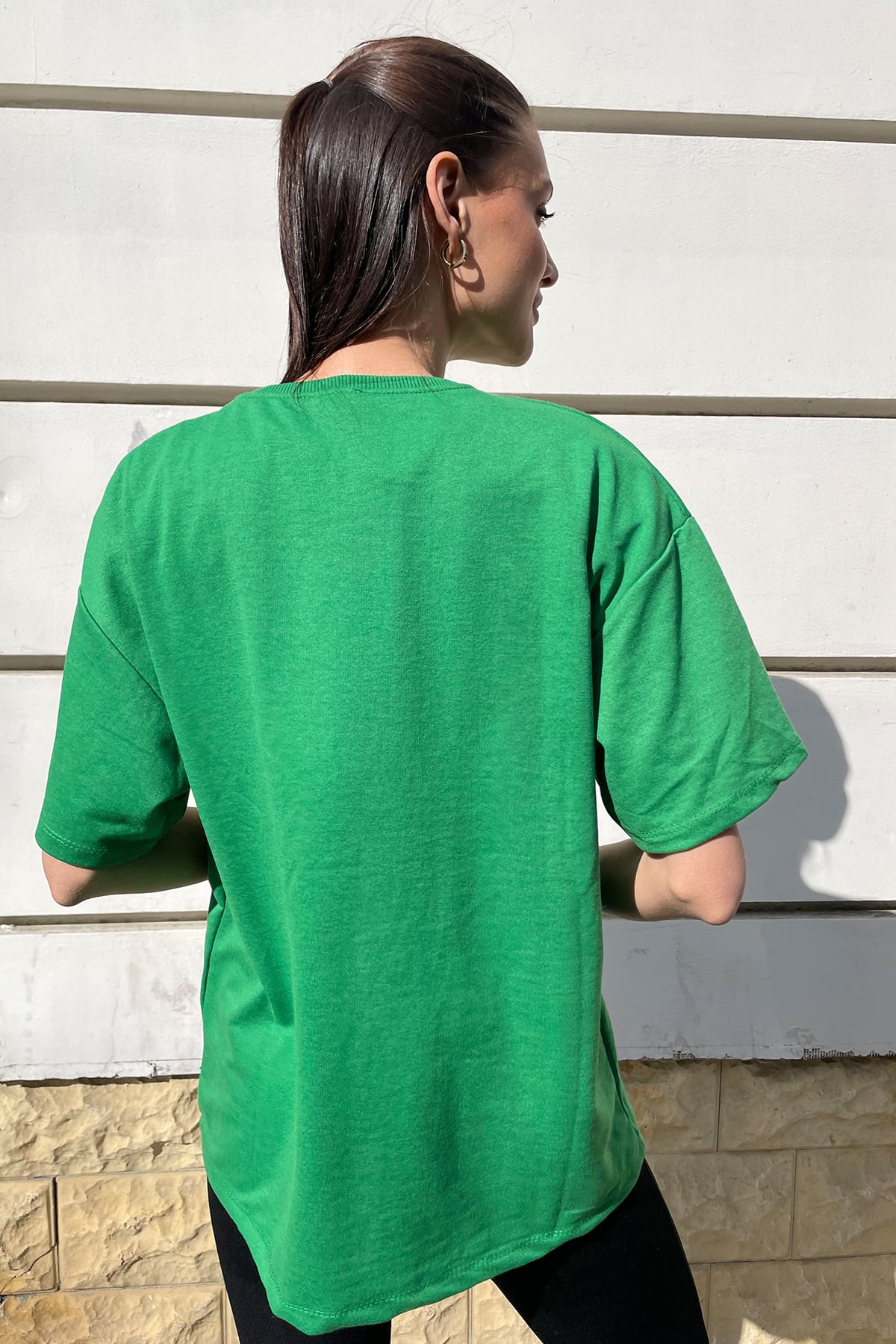 Bisiklet Yaka İki İplik Oversize T-Shirt - Yeşil