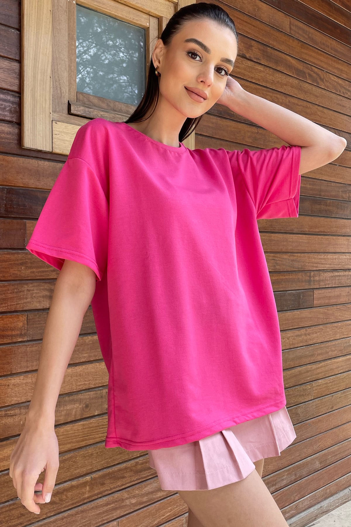 Bisiklet Yaka İki İplik Oversize T-Shirt - Fuşya