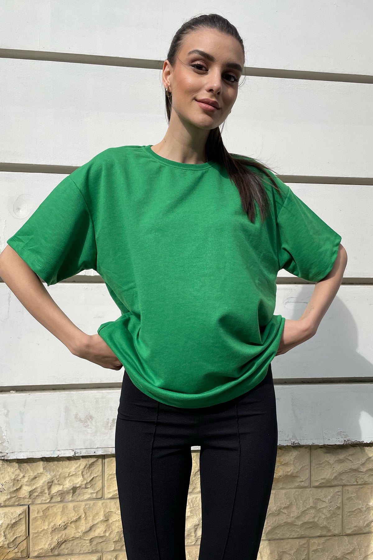 Bisiklet Yaka İki İplik Oversize T-Shirt - Yeşil