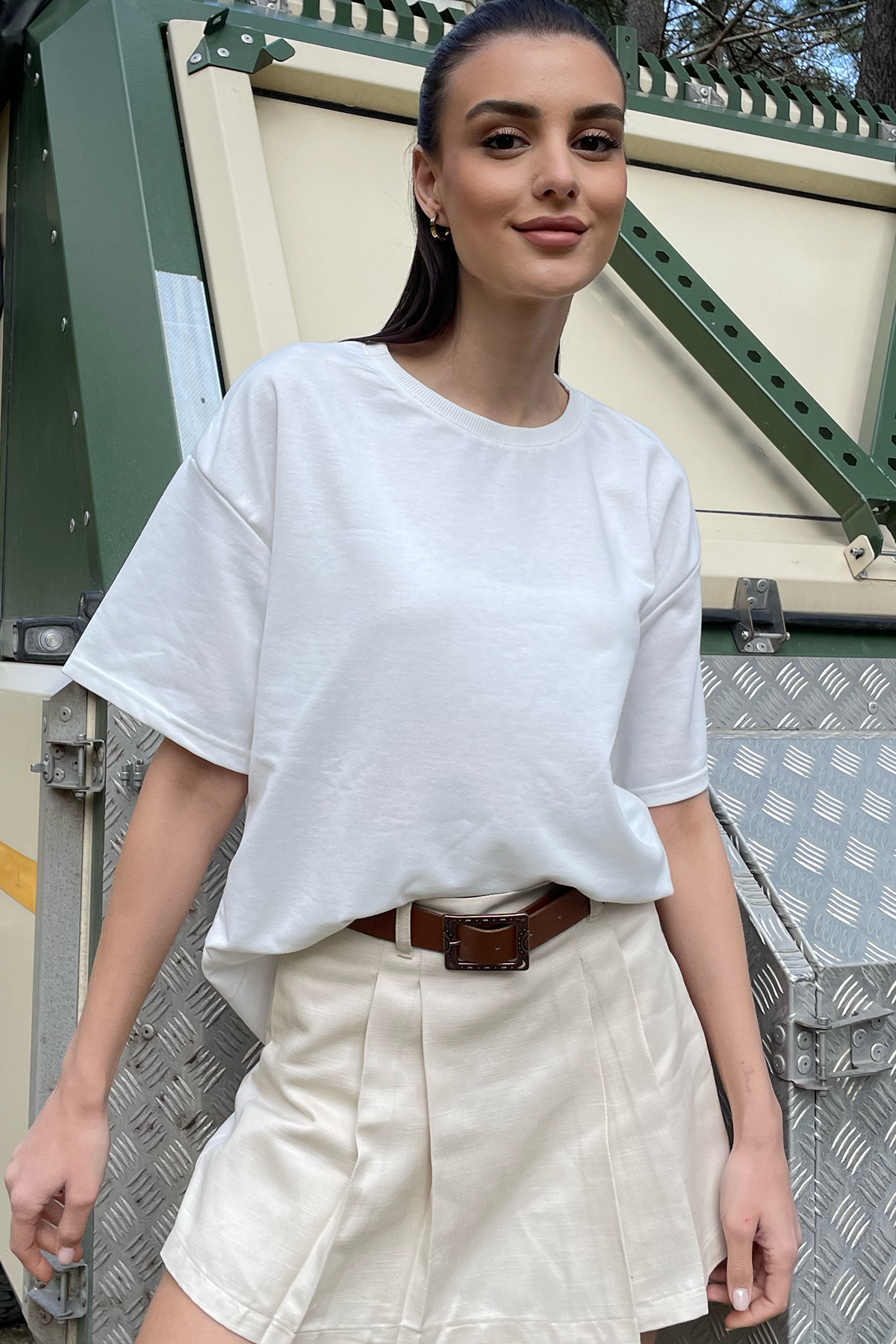 Bisiklet Yaka İki İplik Oversize T-Shirt - Beyaz
