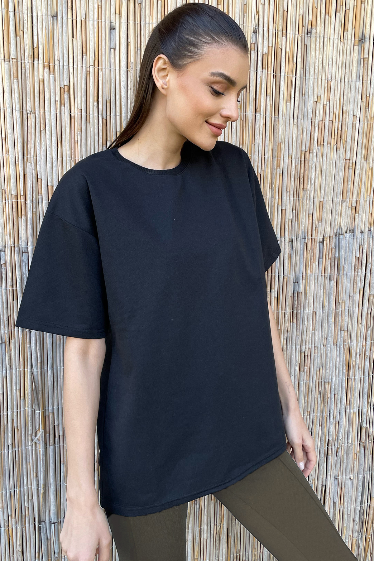 Bisiklet Yaka İki İplik Oversize T-Shirt - Siyah