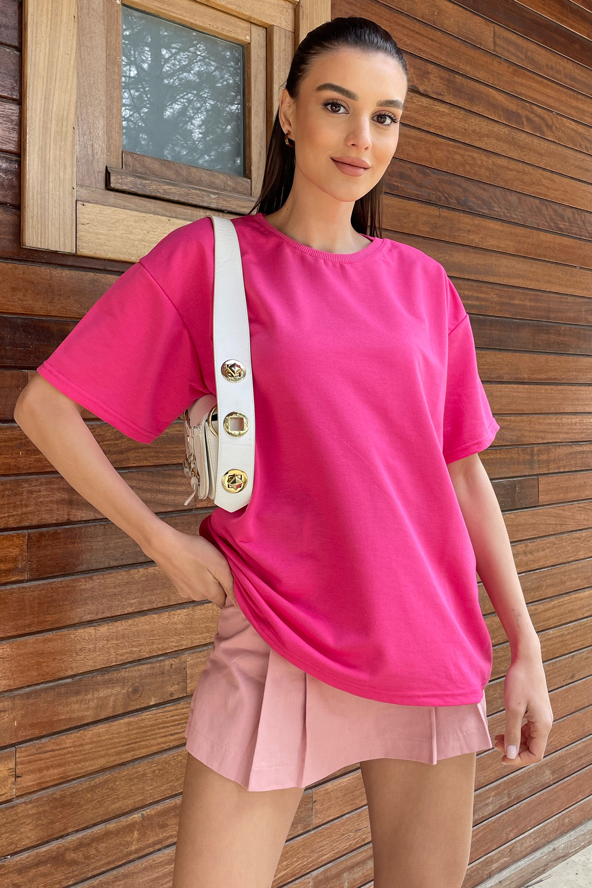 Bisiklet Yaka İki İplik Oversize T-Shirt - Fuşya