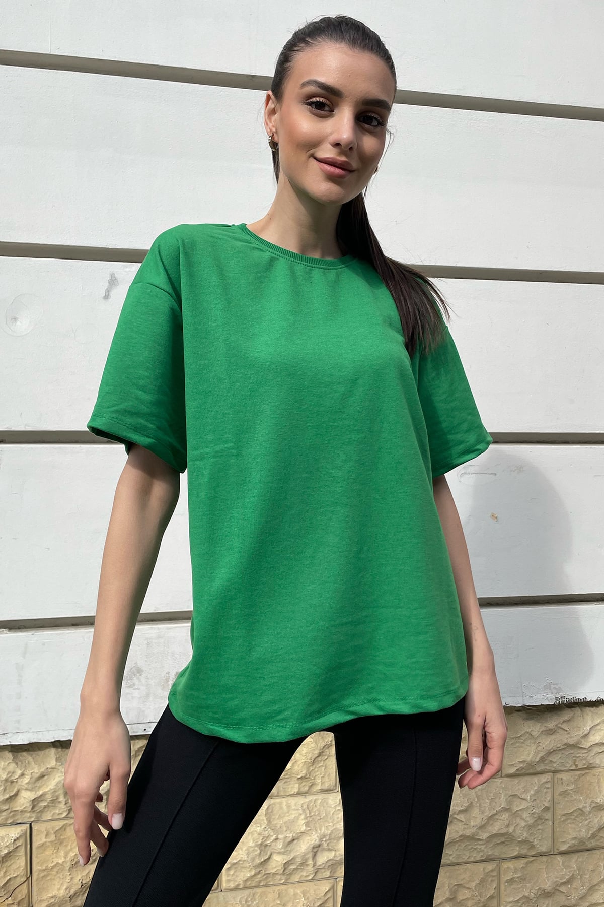 Bisiklet Yaka İki İplik Oversize T-Shirt - Yeşil