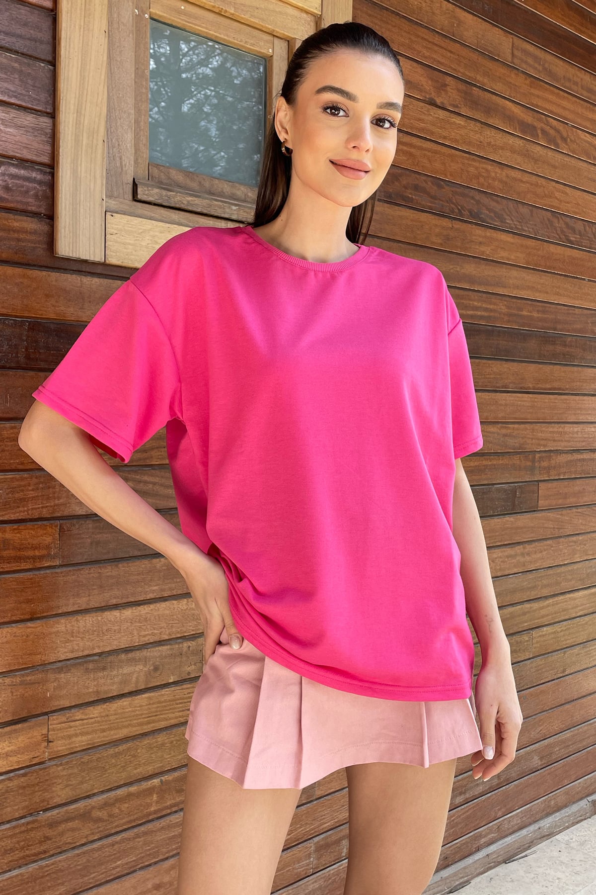 Bisiklet Yaka İki İplik Oversize T-Shirt - Fuşya