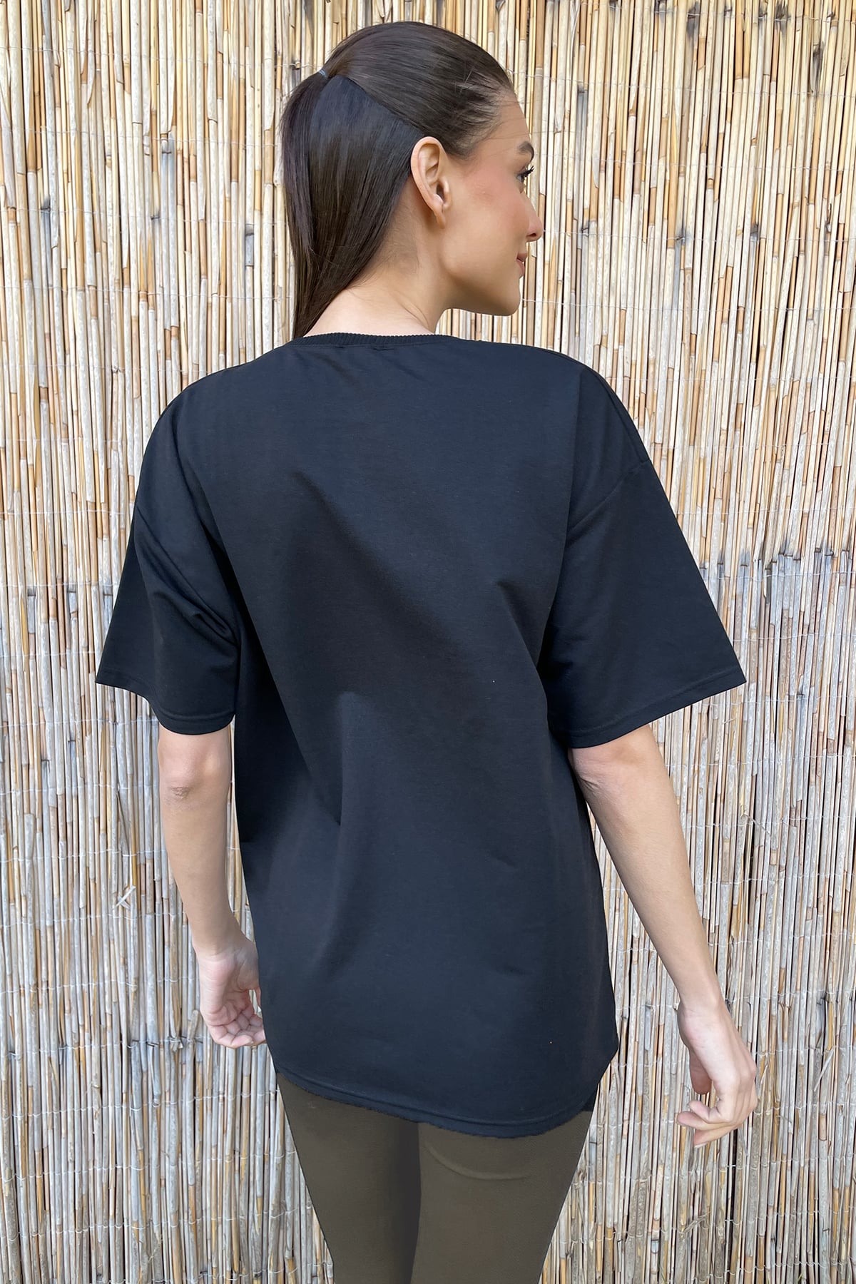 Bisiklet Yaka İki İplik Oversize T-Shirt - Siyah
