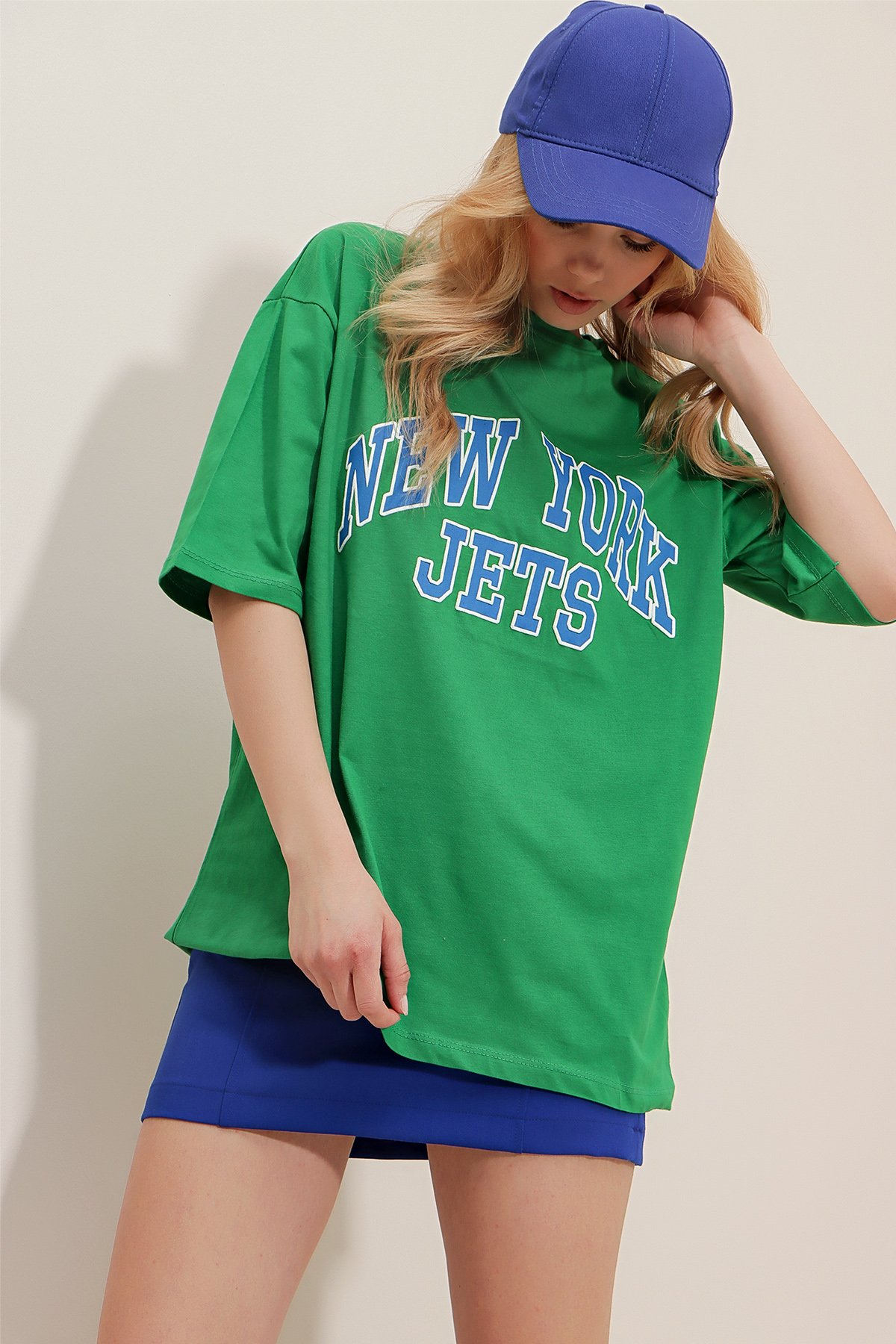 Bisiklet Yaka Kabartma Baskılı Oversize T-Shirt - Yeşil