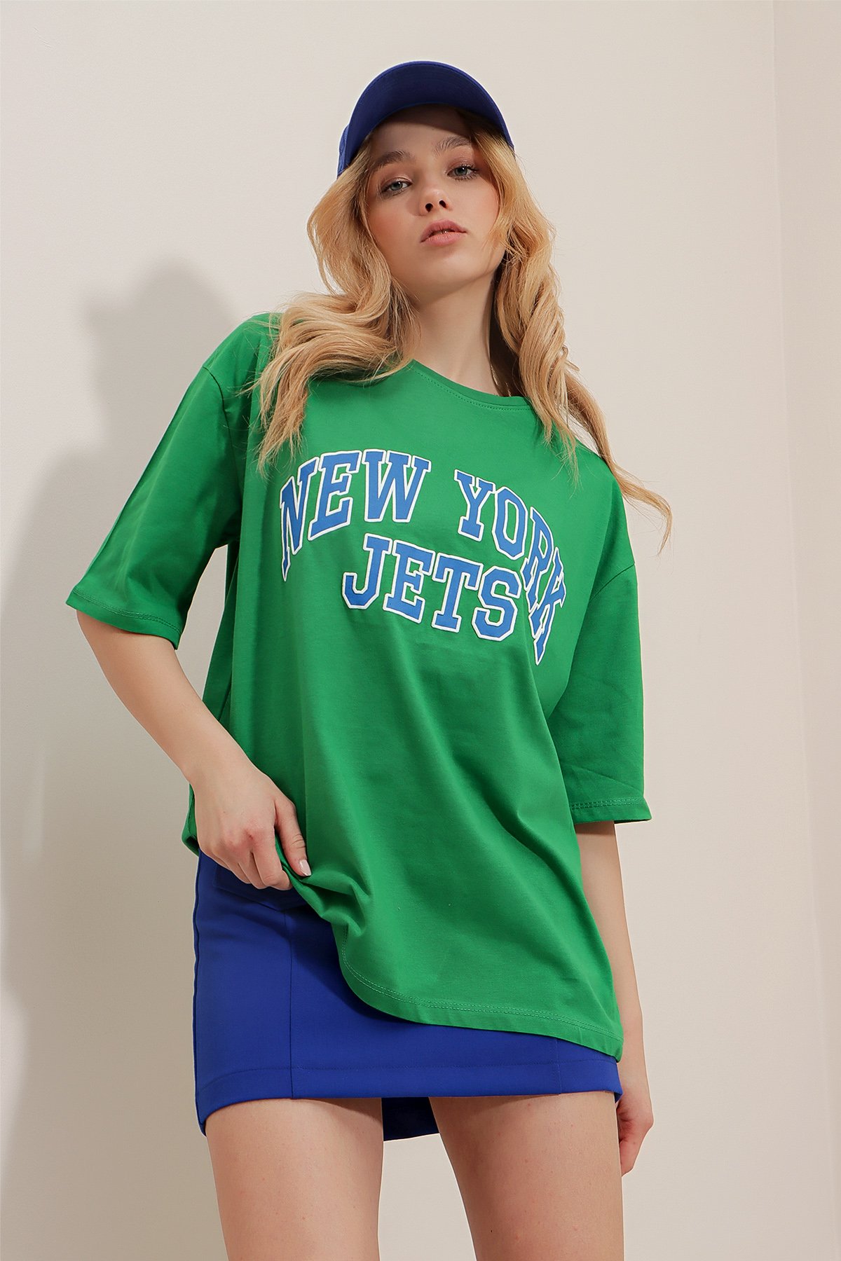Bisiklet Yaka Kabartma Baskılı Oversize T-Shirt - Yeşil