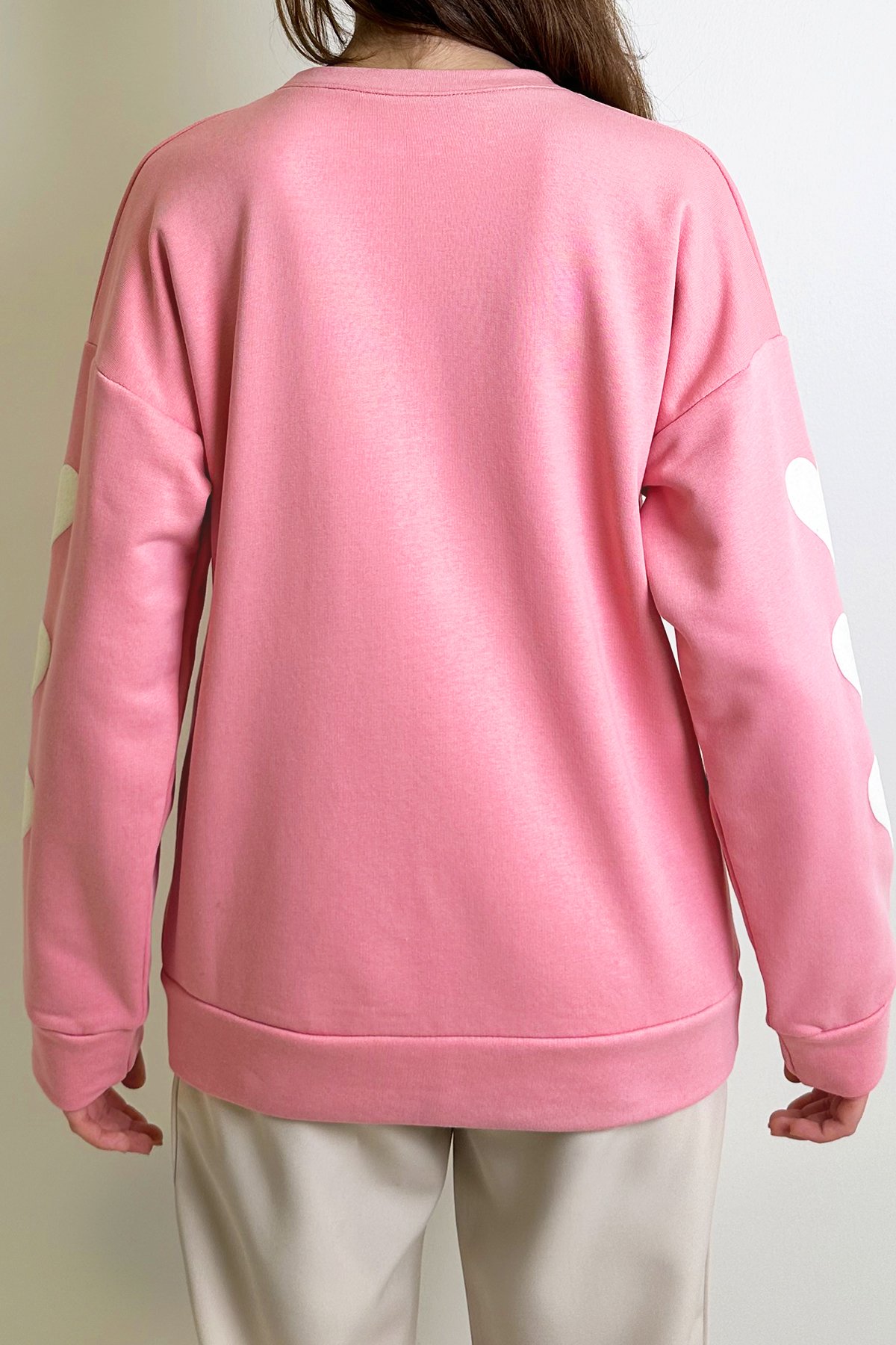 BİSİKLET YAKA KALP BASKILI 2 İPLİK OVERSİZE SWEATSHIRT - Pembe