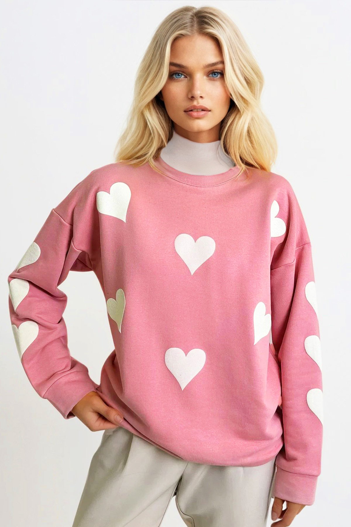 BİSİKLET YAKA KALP BASKILI 2 İPLİK OVERSİZE SWEATSHIRT - Pembe