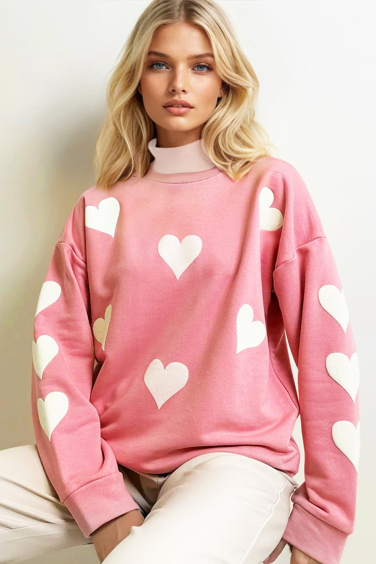 BİSİKLET YAKA KALP BASKILI 2 İPLİK OVERSİZE SWEATSHIRT - Pembe
