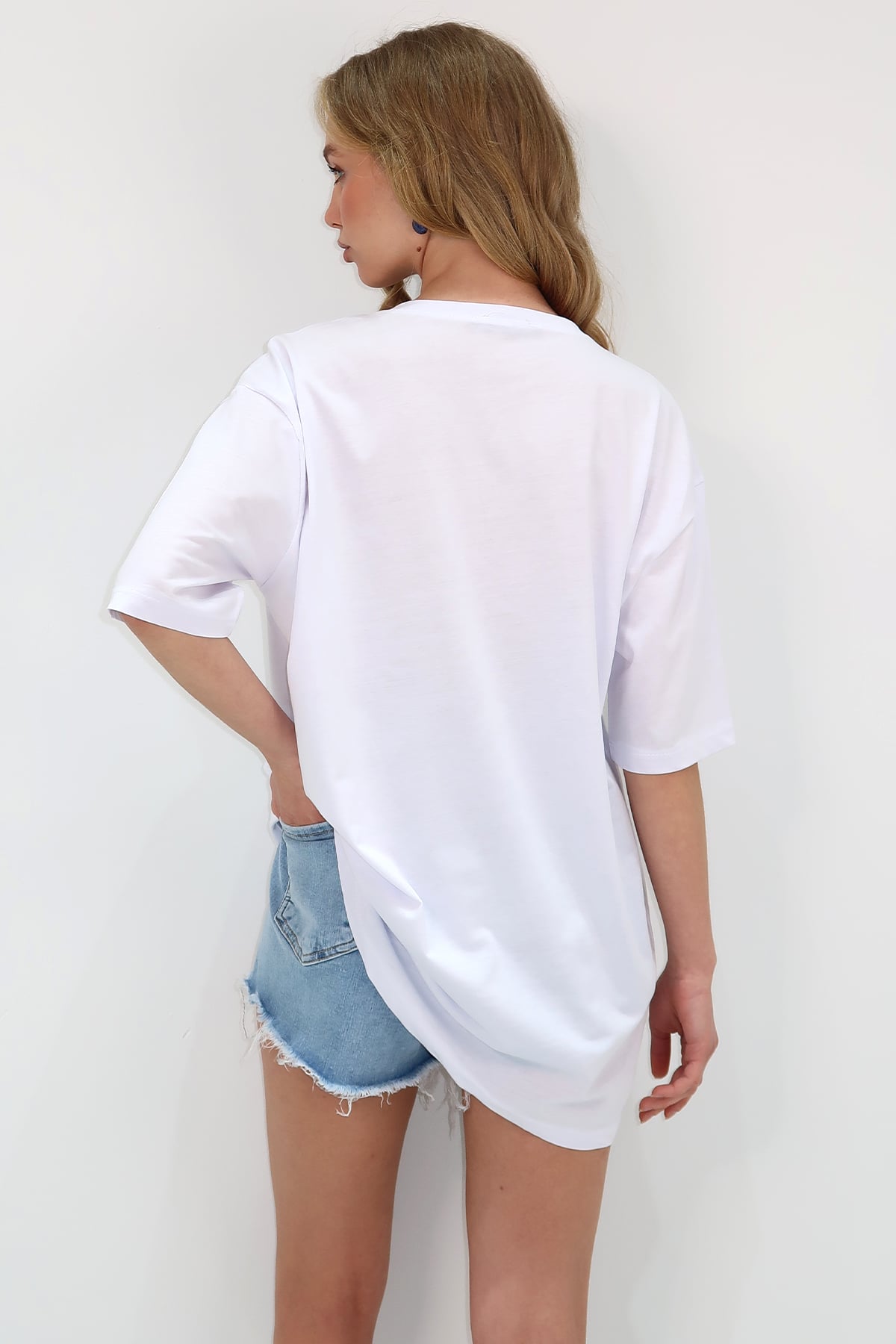 Bisiklet Yaka Kalp Baskılı T-Shirt - Beyaz