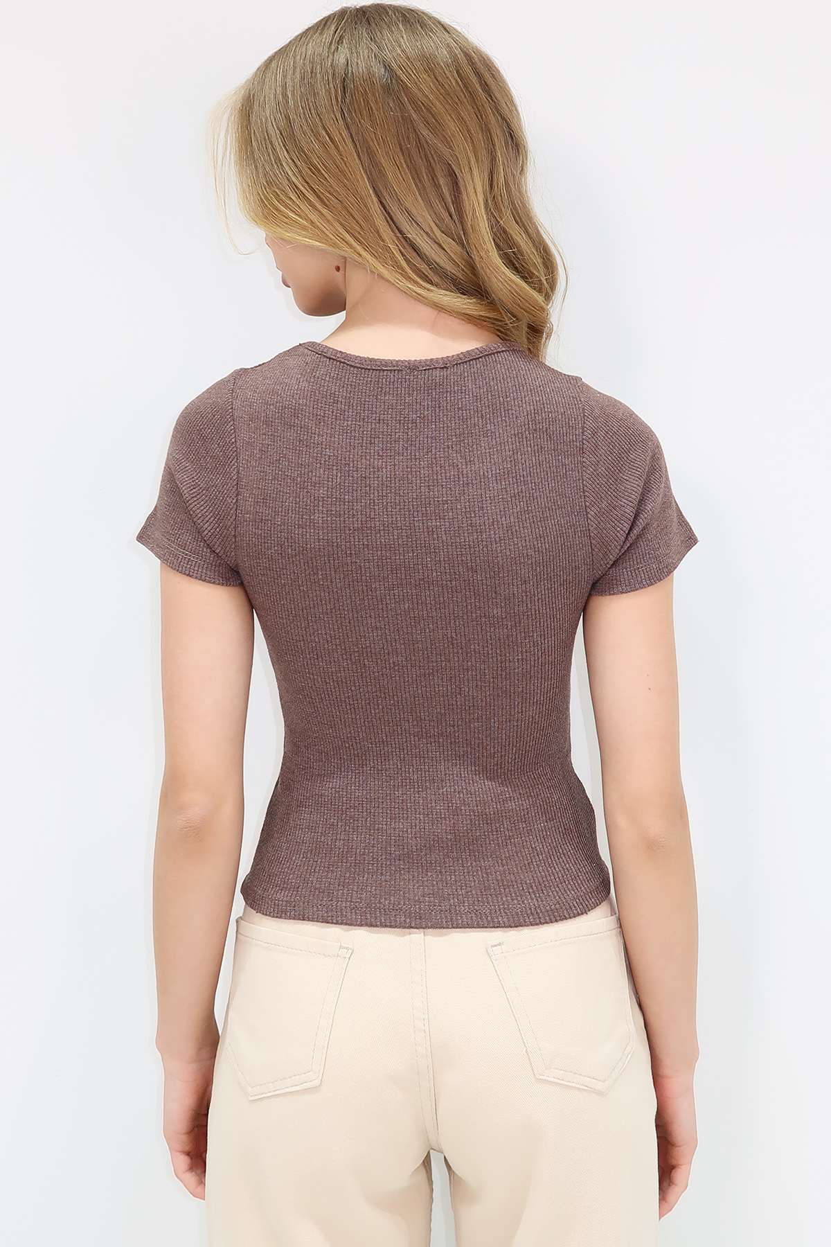 BİSİKLET YAKA KISA KOL CROP KAŞKORSE BLUZ - Açık Kahve