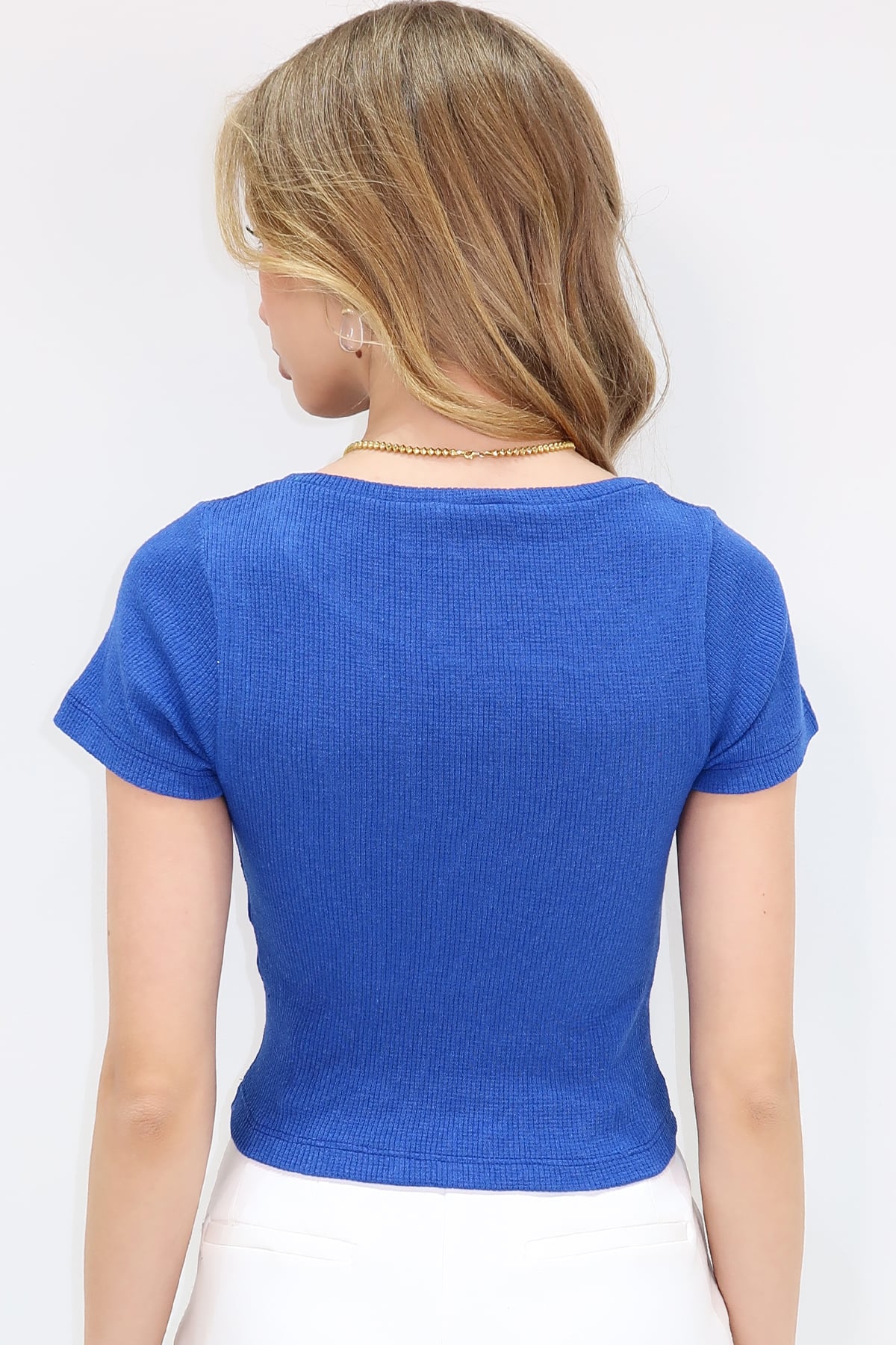 BİSİKLET YAKA KISA KOL CROP KAŞKORSE BLUZ - MAVİ