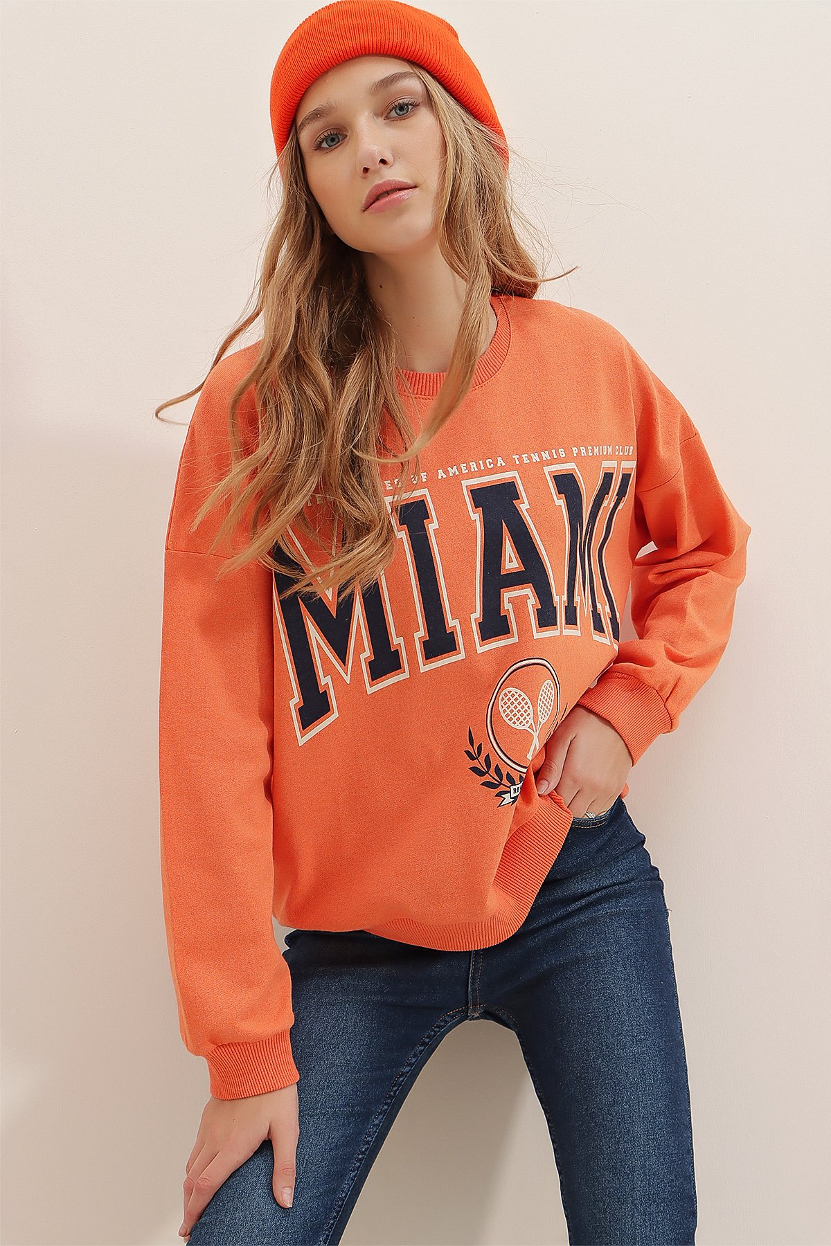 Bisiklet Yaka Miami Baskılı Oversize Sweatshirt - Turuncu