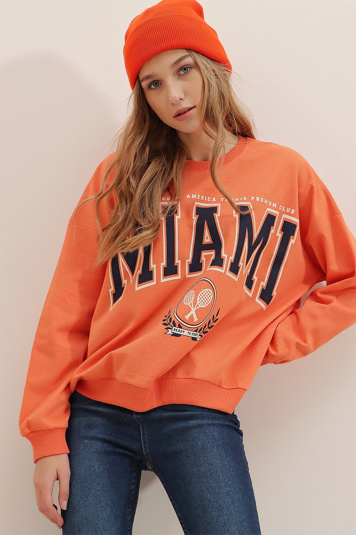 Bisiklet Yaka Miami Baskılı Oversize Sweatshirt - Turuncu