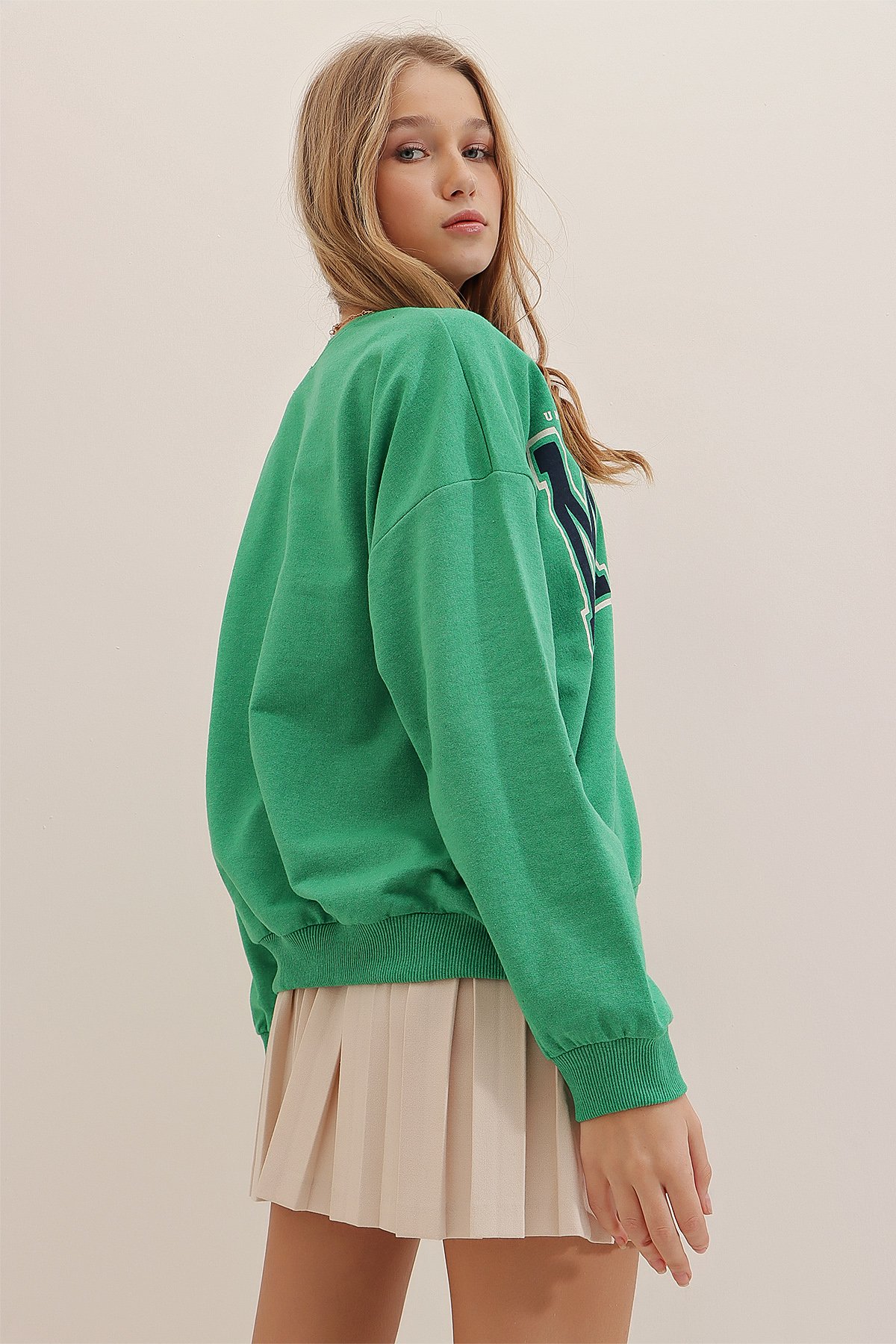 Bisiklet Yaka Miami Baskılı Oversize Sweatshirt - Yeşil