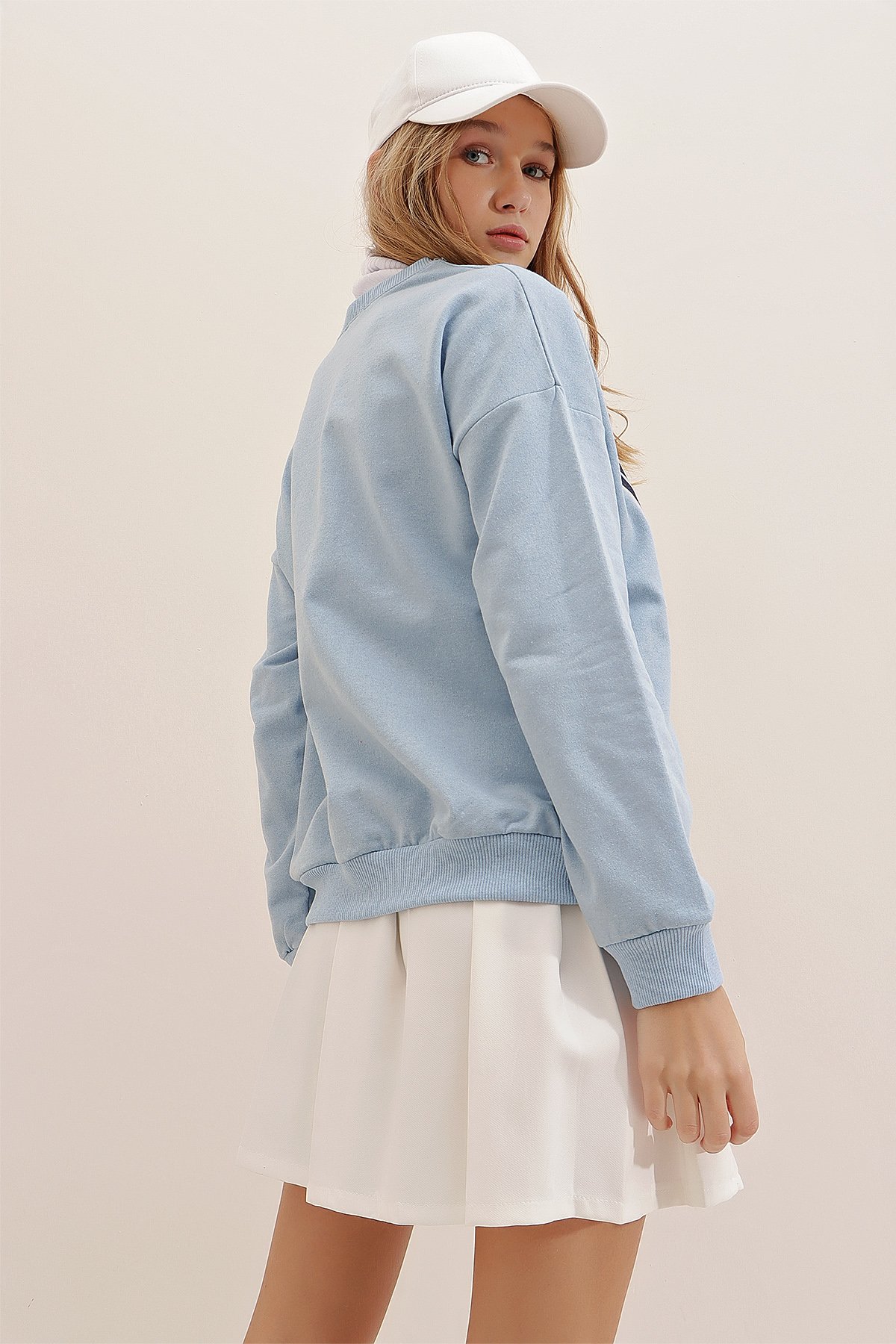 Bisiklet Yaka Miami Baskılı Oversize Sweatshirt - Mavi