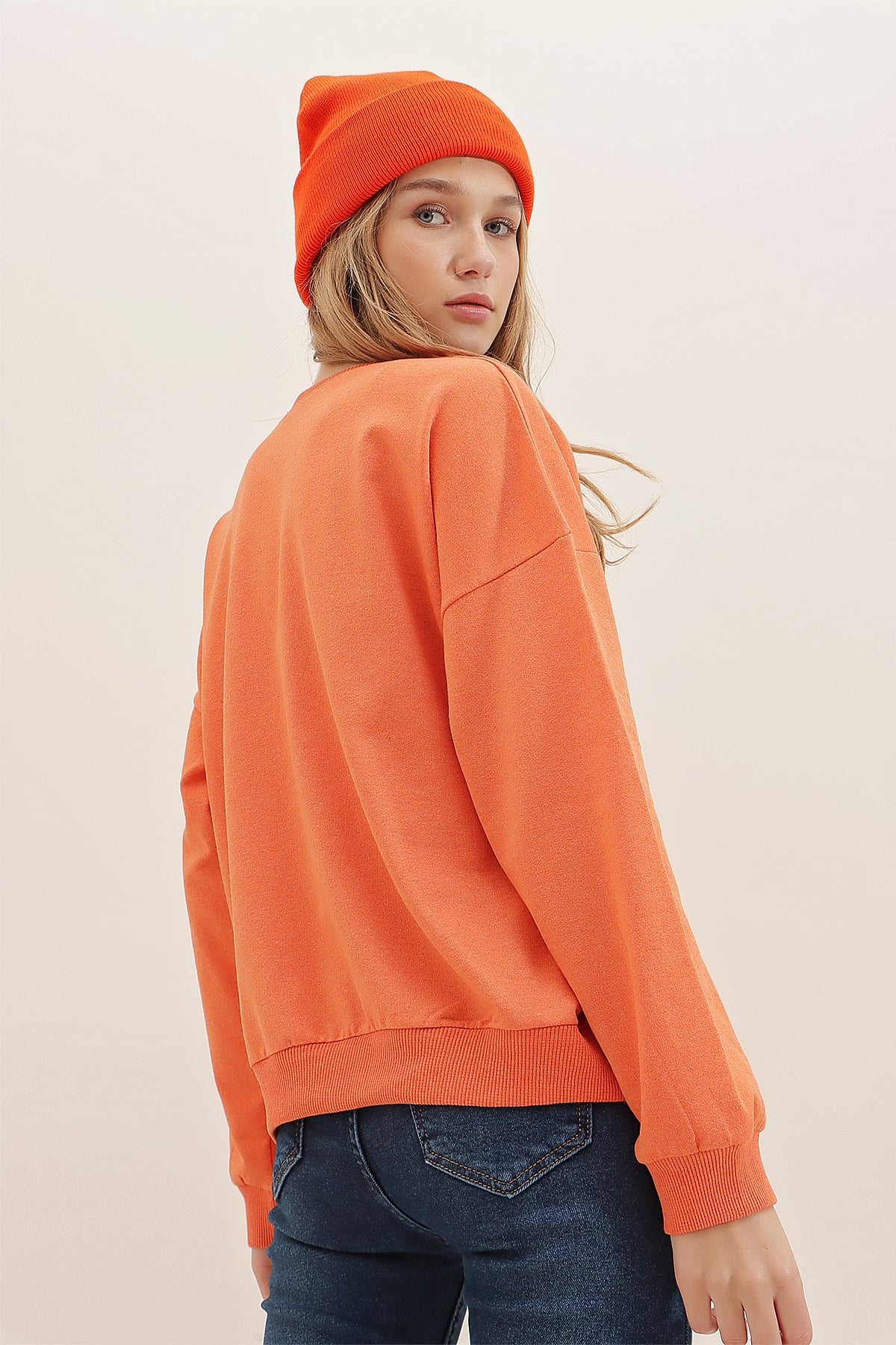Bisiklet Yaka Miami Baskılı Oversize Sweatshirt - Turuncu