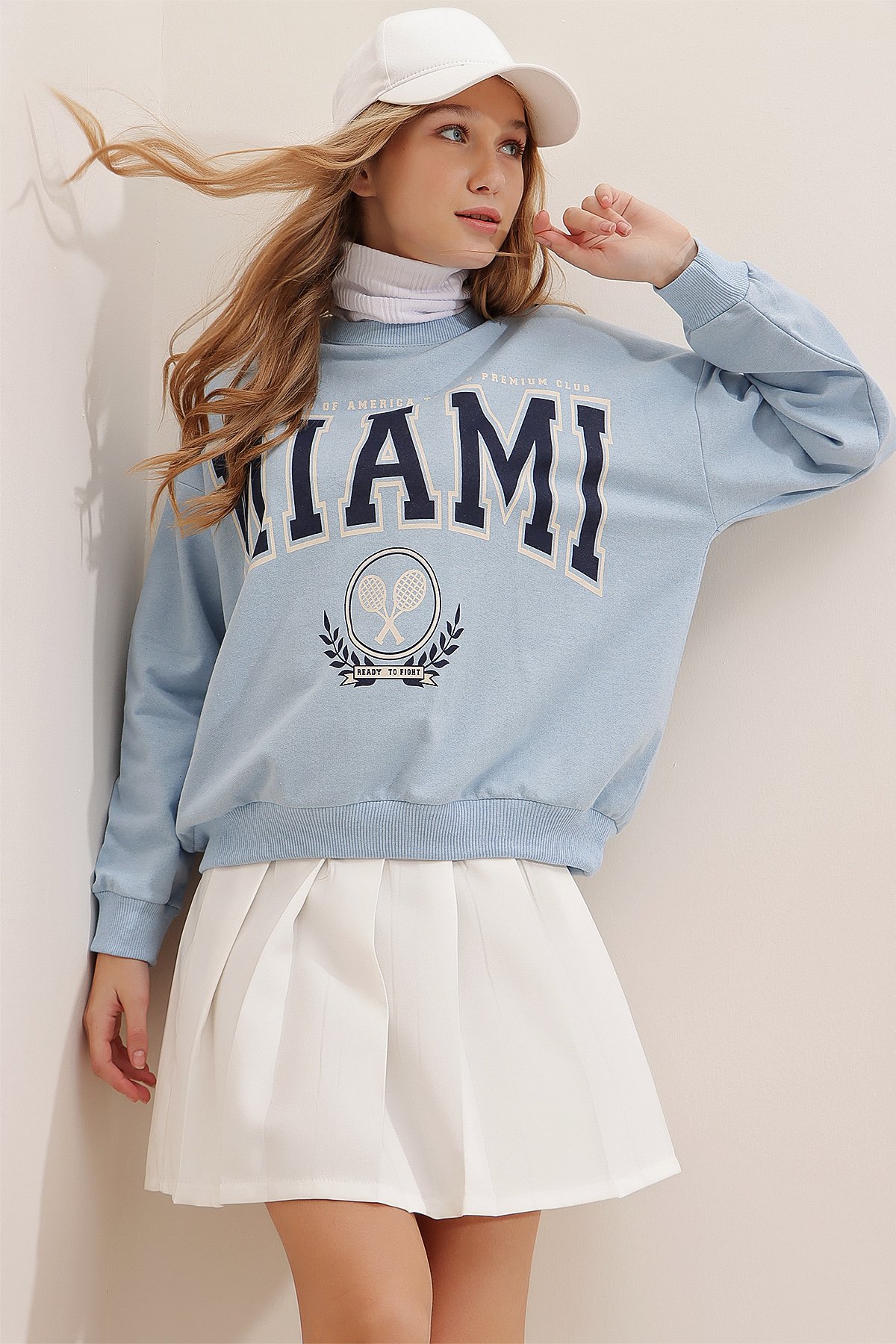 Bisiklet Yaka Miami Baskılı Oversize Sweatshirt - Mavi