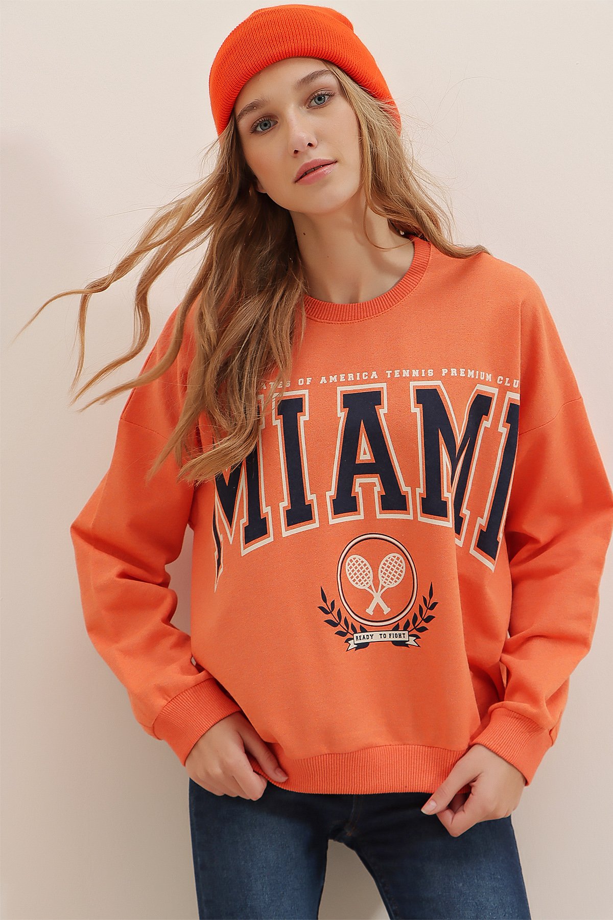 Bisiklet Yaka Miami Baskılı Oversize Sweatshirt - Turuncu