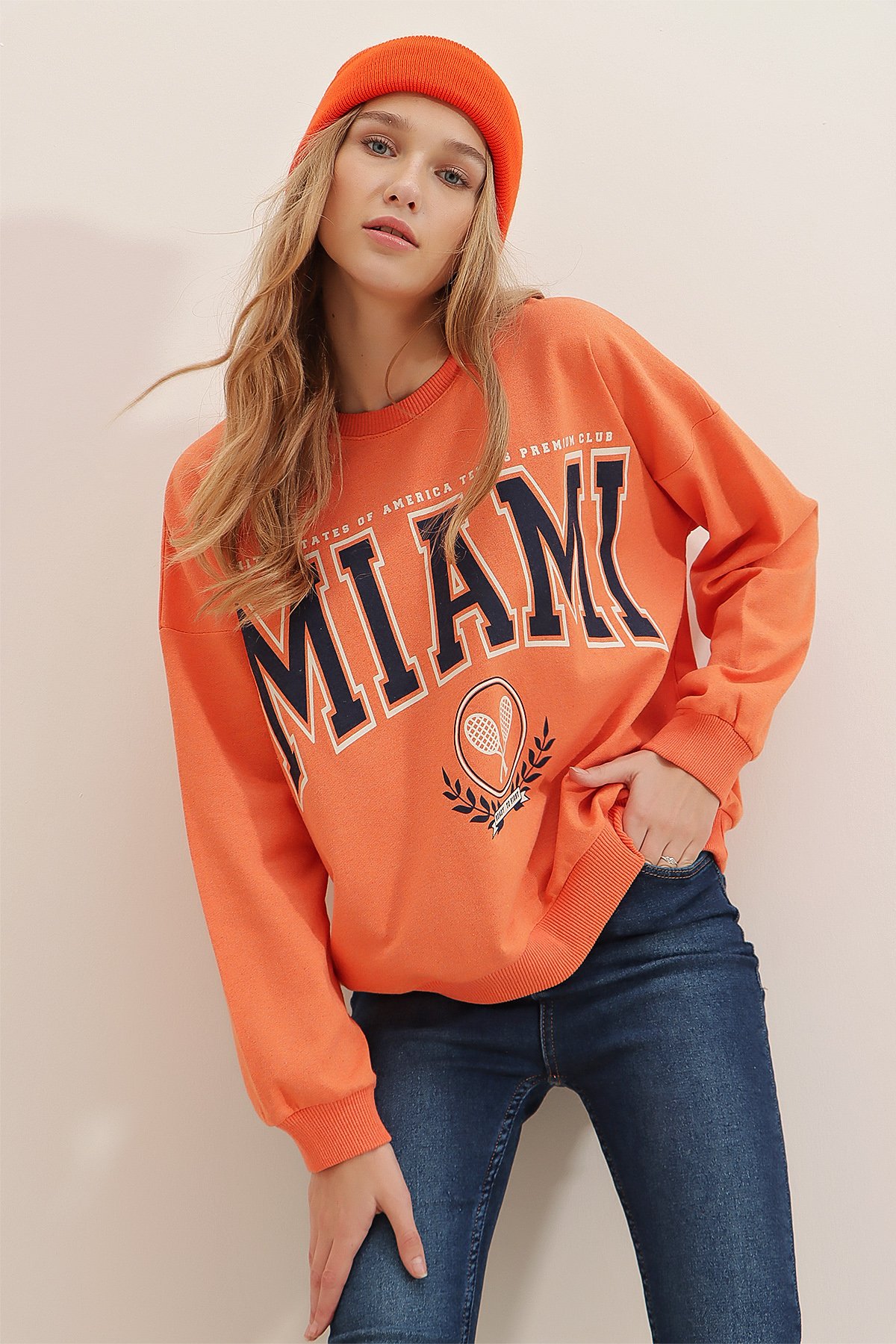 Bisiklet Yaka Miami Baskılı Oversize Sweatshirt - Turuncu