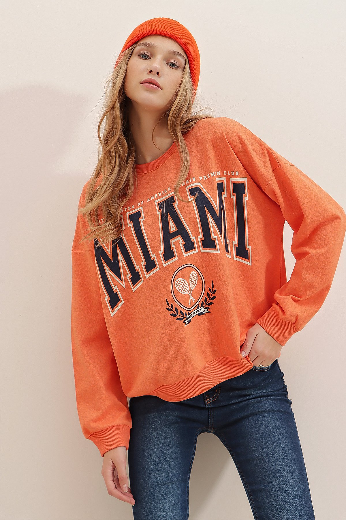 Bisiklet Yaka Miami Baskılı Oversize Sweatshirt - Turuncu