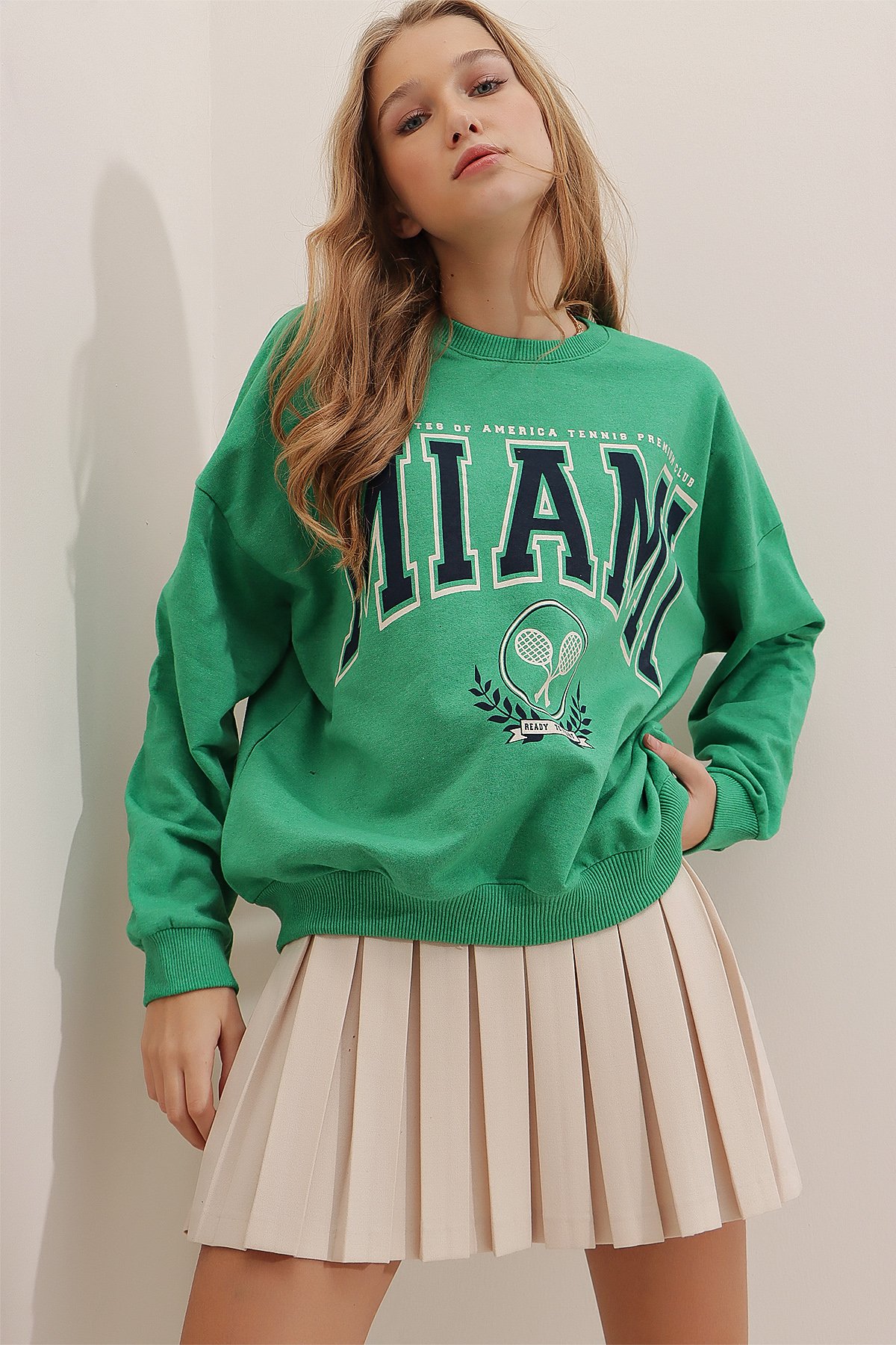Bisiklet Yaka Miami Baskılı Oversize Sweatshirt - Yeşil