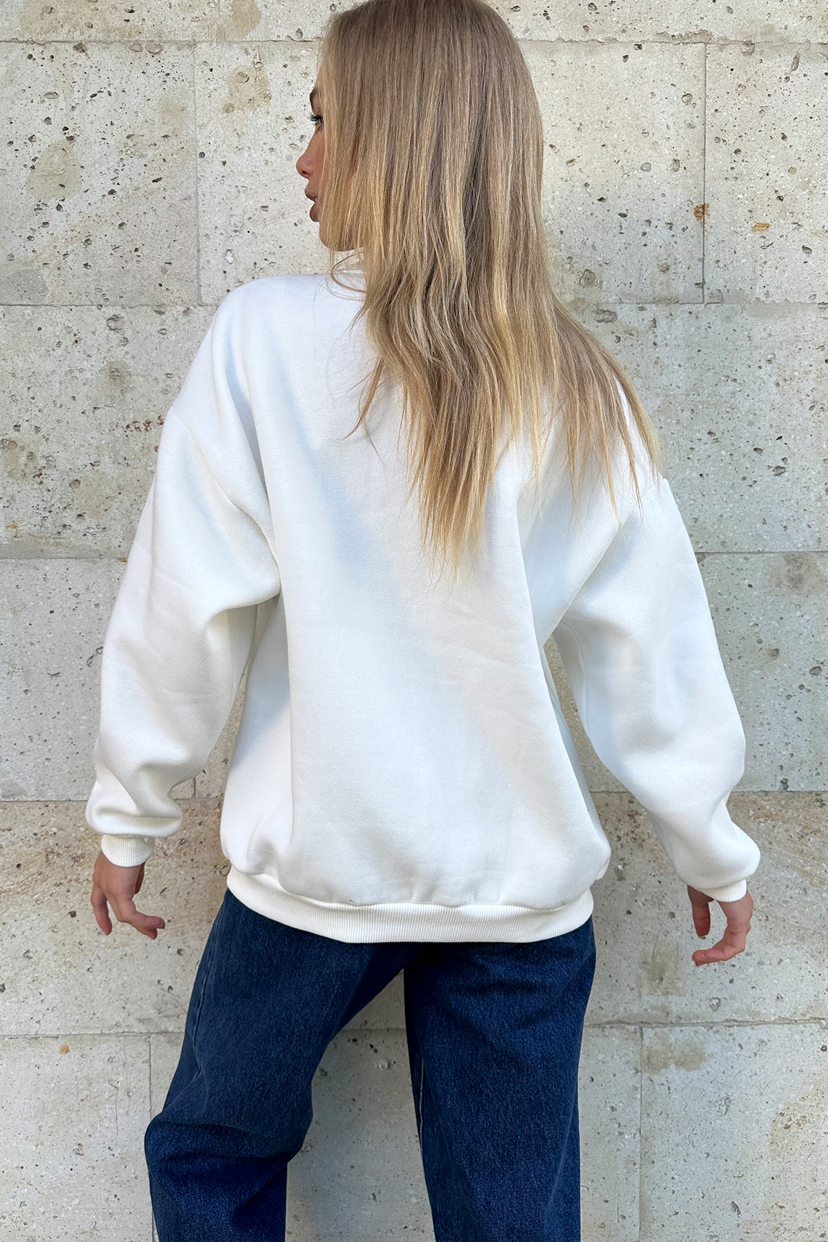 Bisiklet Yaka Nakış İşlemeli Baskılı 3 İplik İçi Şardonlu Sweatshirt - Ekru