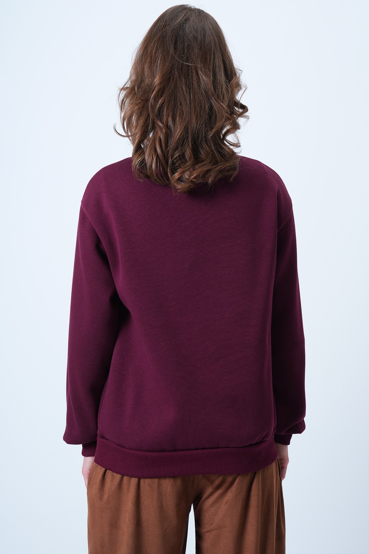 Bisiklet Yaka Nakışlı  İçi Şardonlu 3 İplik Sweatshirt - BORDO