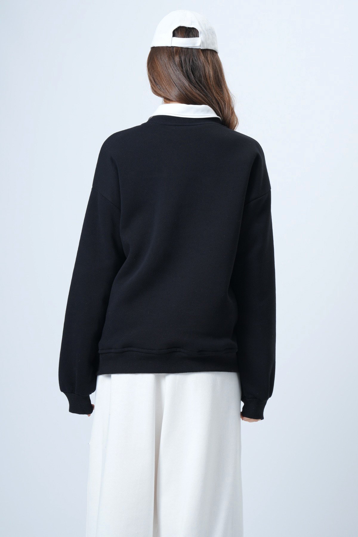 Bisiklet Yaka Nakışlı Ribanalı Uzun Kollu Sweatshirt - SİYAH