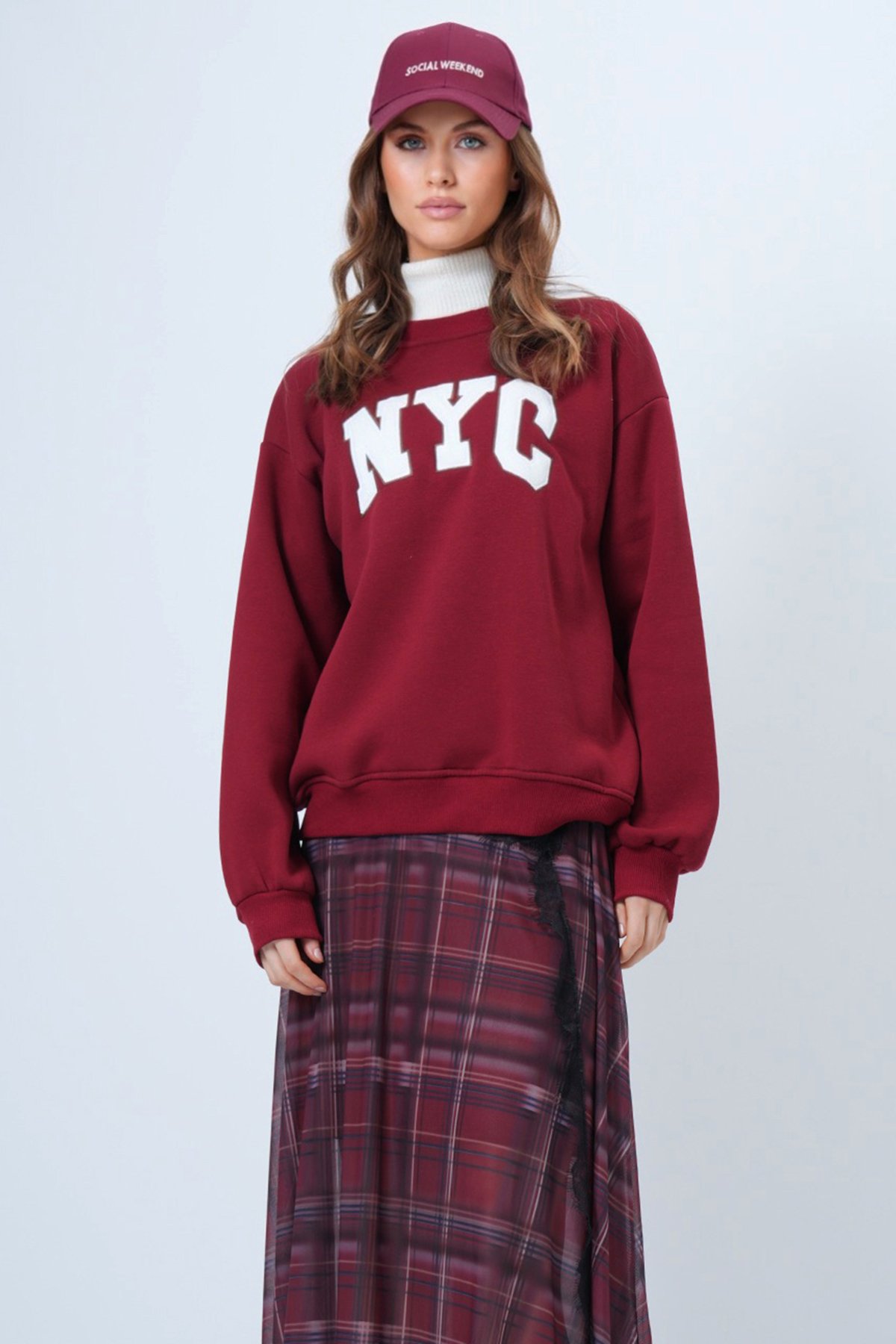 Bisiklet Yaka Nakışlı Ribanalı Uzun Kollu Sweatshirt - BORDO