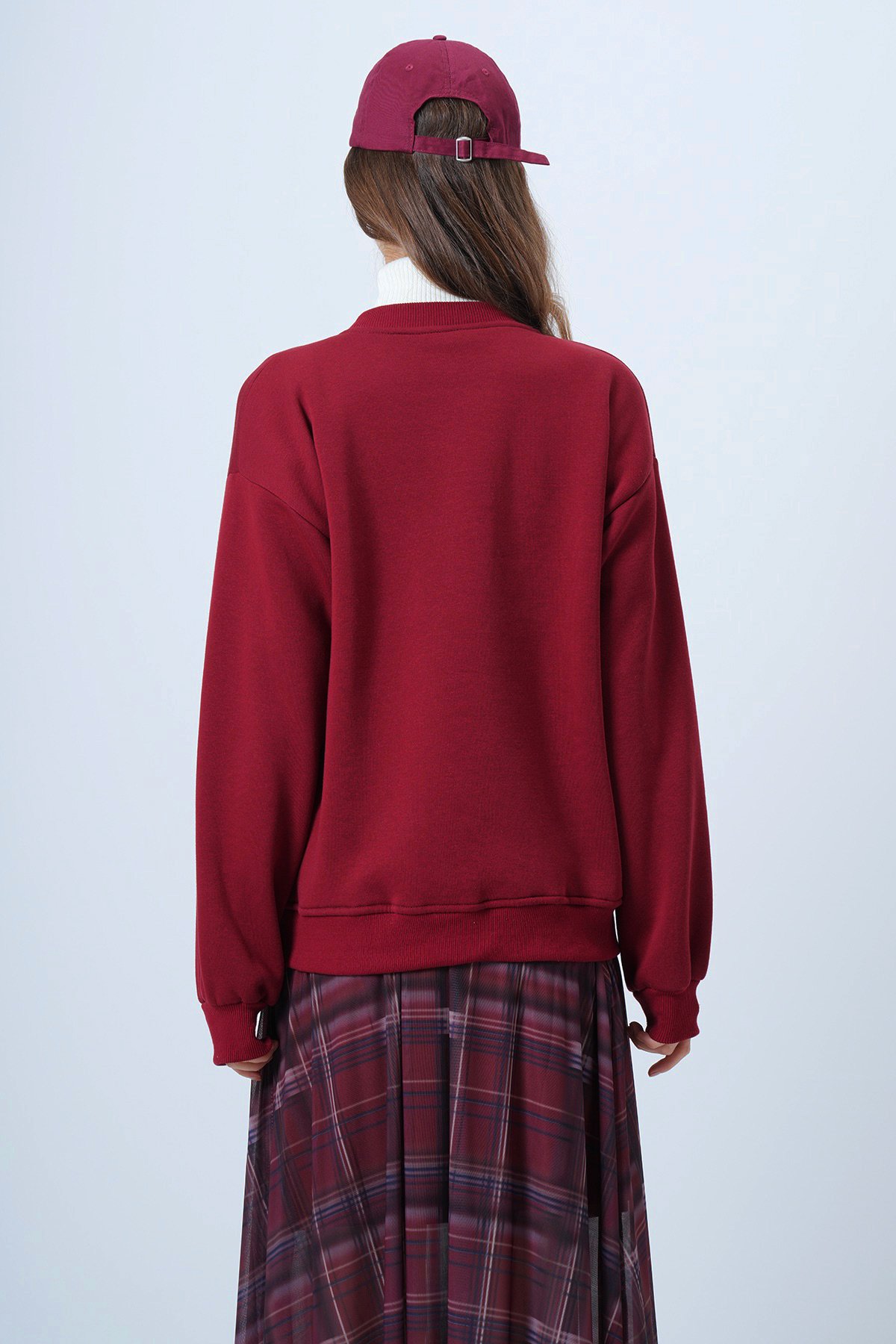 Bisiklet Yaka Nakışlı Ribanalı Uzun Kollu Sweatshirt - BORDO