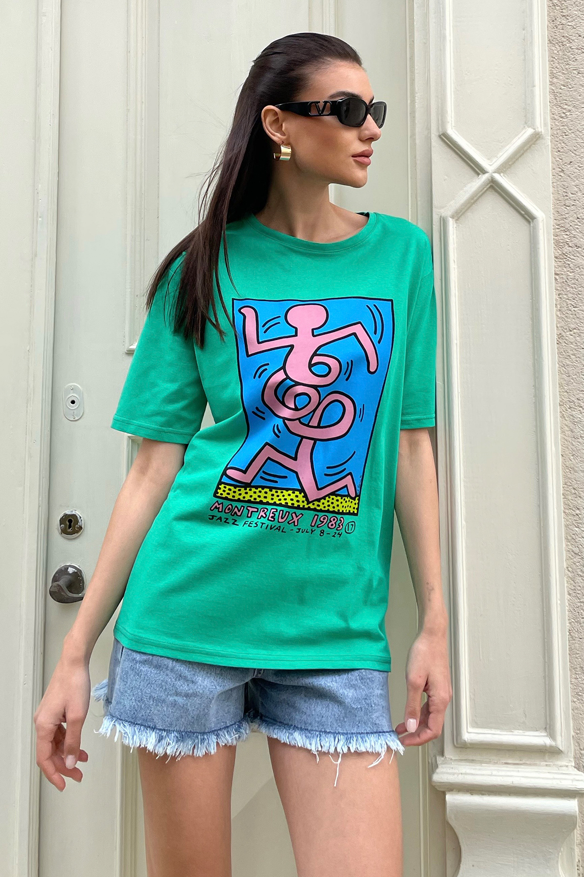 Bisiklet Yaka Ön Arka Baskılı Oversize T-Shirt - Yeşil