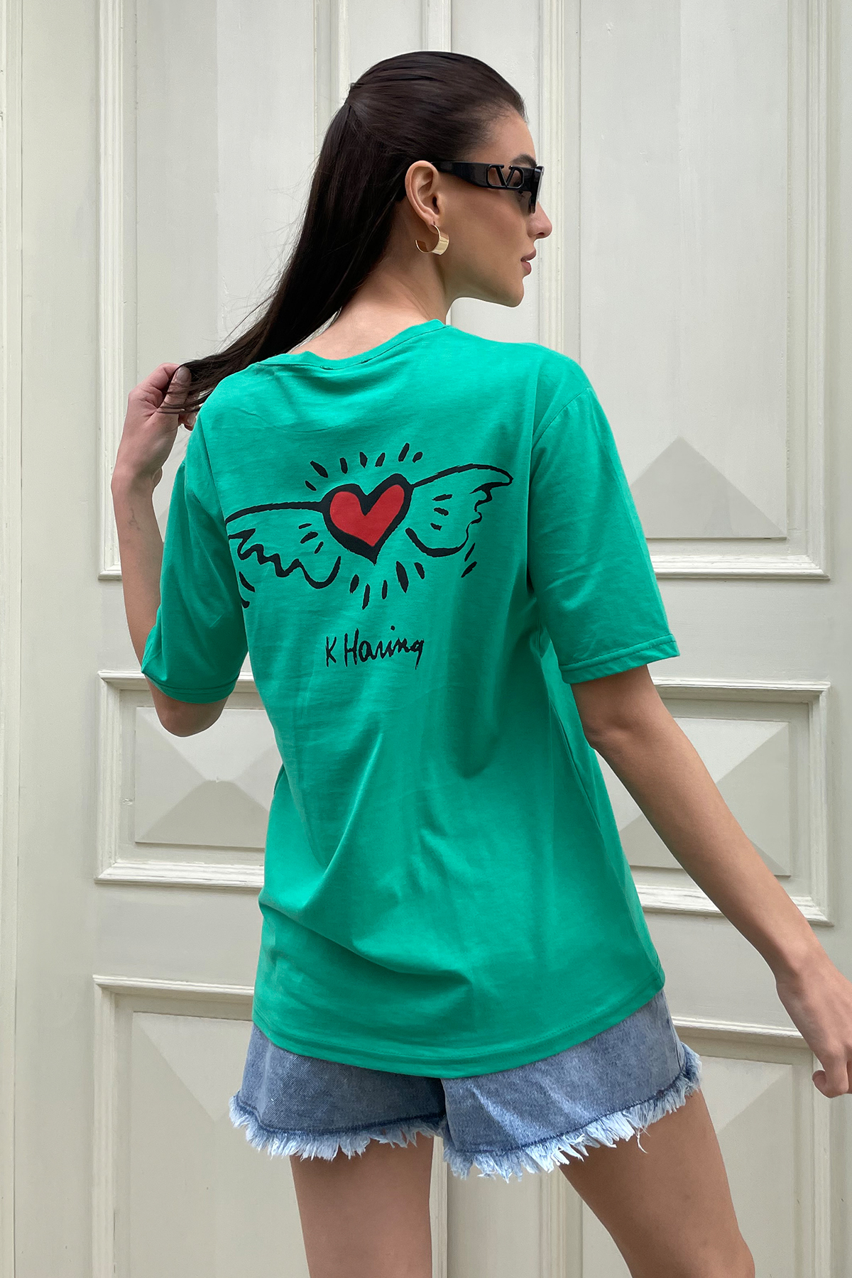 Bisiklet Yaka Ön Arka Baskılı Oversize T-Shirt - Yeşil