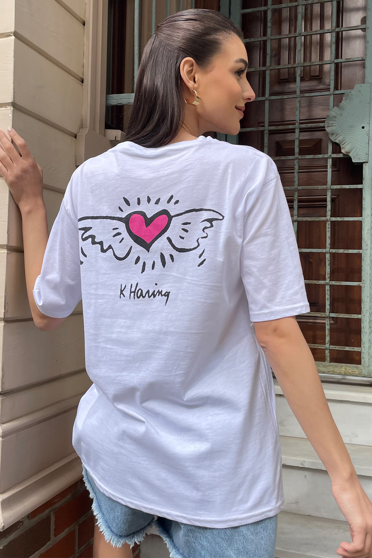 Bisiklet Yaka Ön Arka Baskılı Oversize T-Shirt - Beyaz