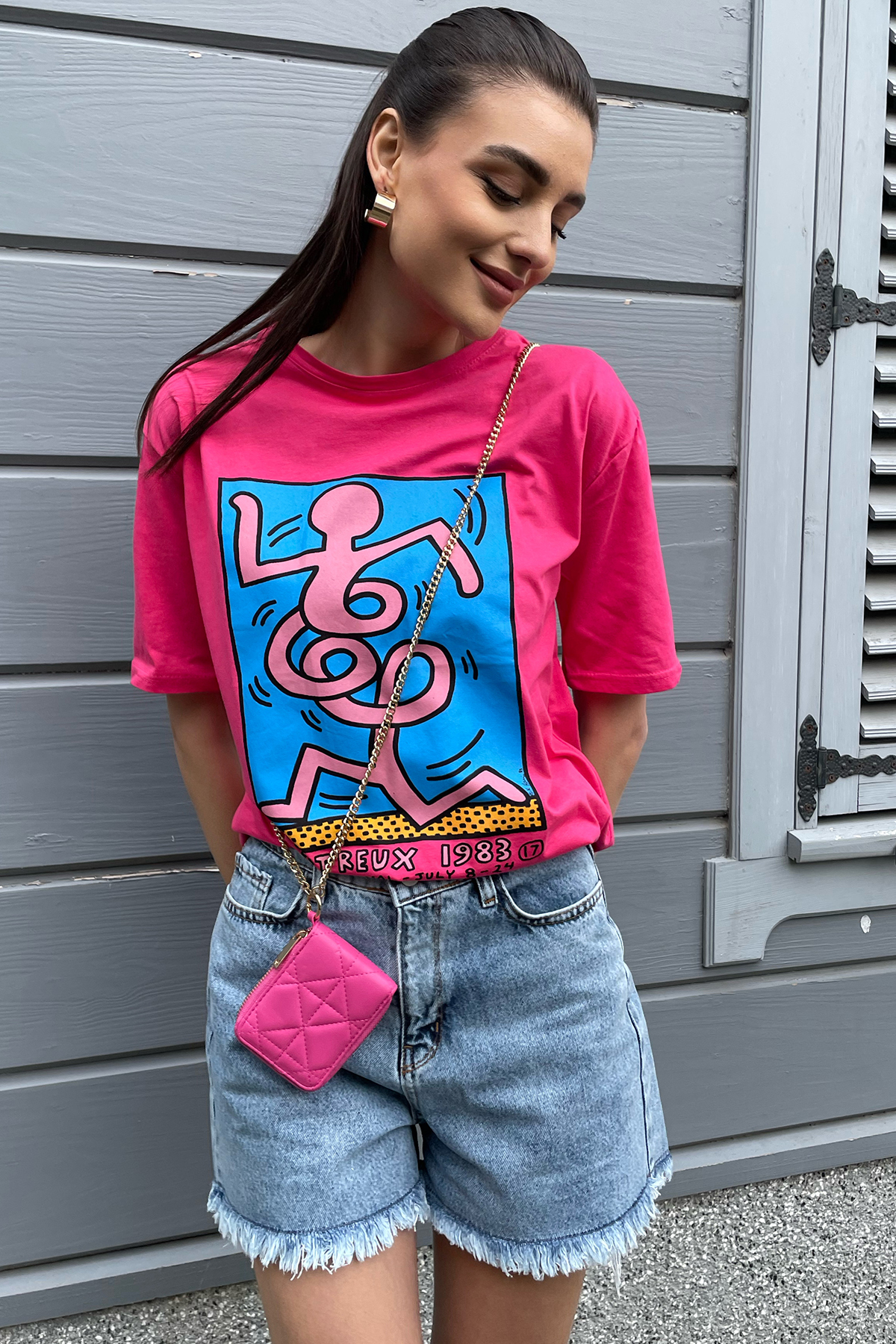 Bisiklet Yaka Ön Arka Baskılı Oversize T-Shirt - Fuşya